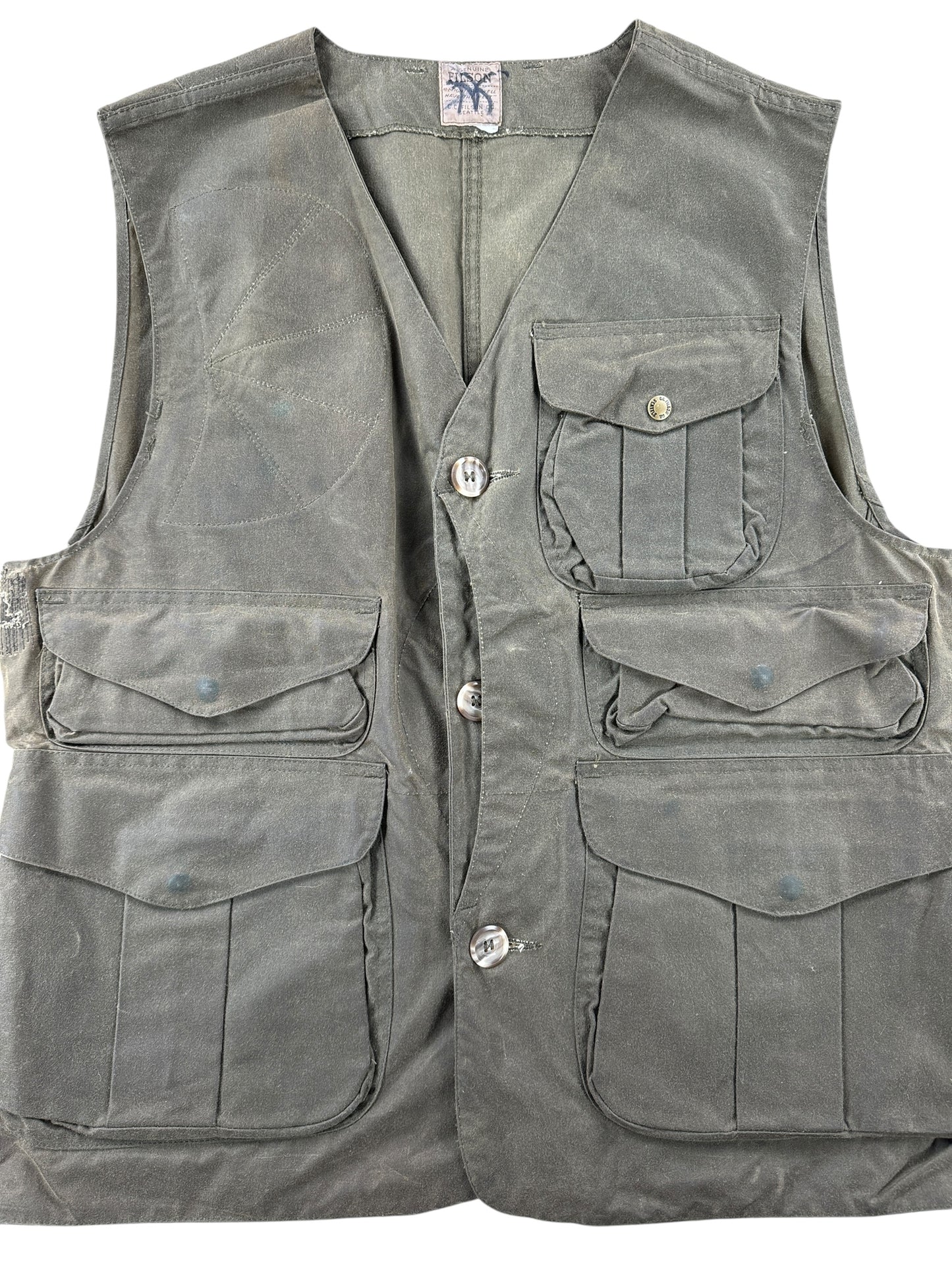 Front Close Up of Vintage 90s Filson Tin Cloth Hunting Vest SZ L