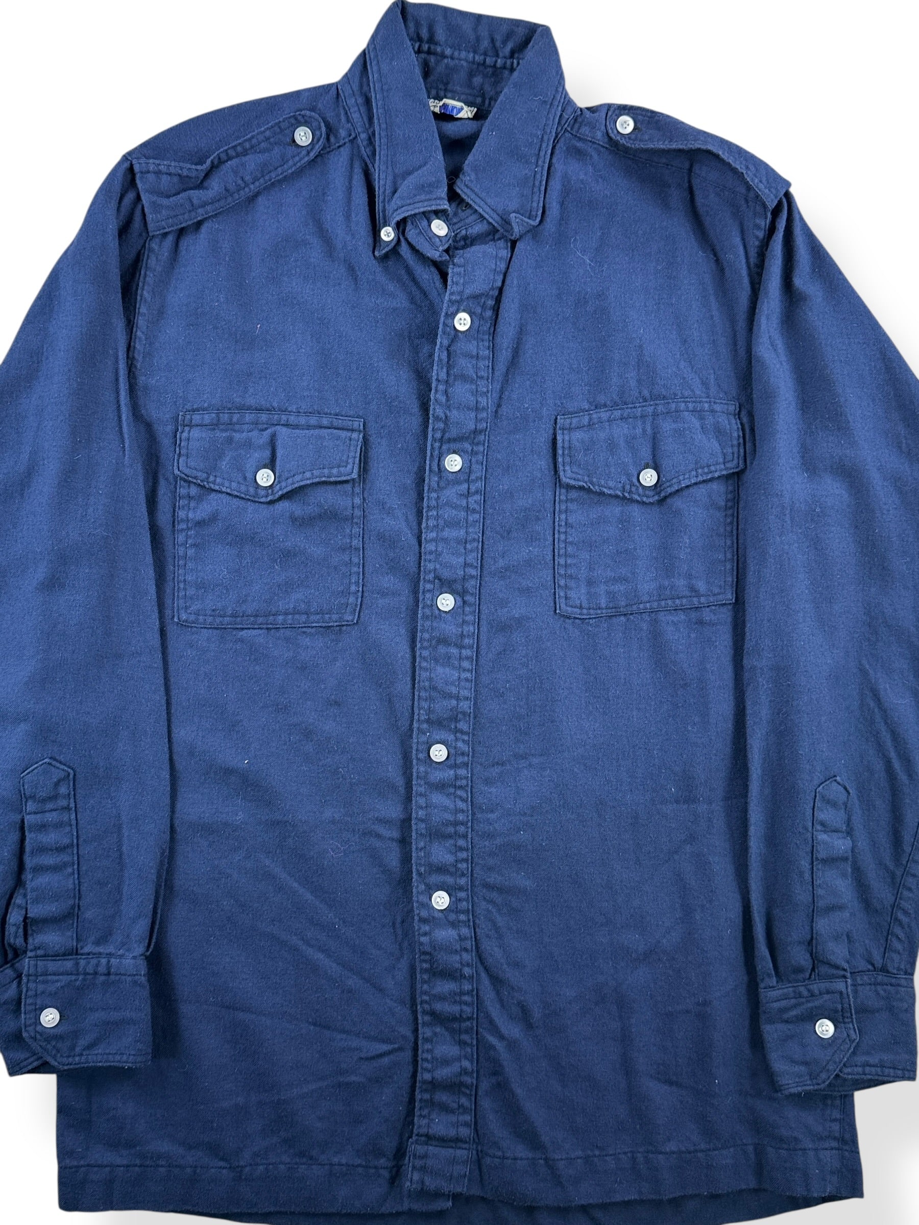 Front Close Up of Vintage Navy Blue Cotton Button Up Shirt SZ M