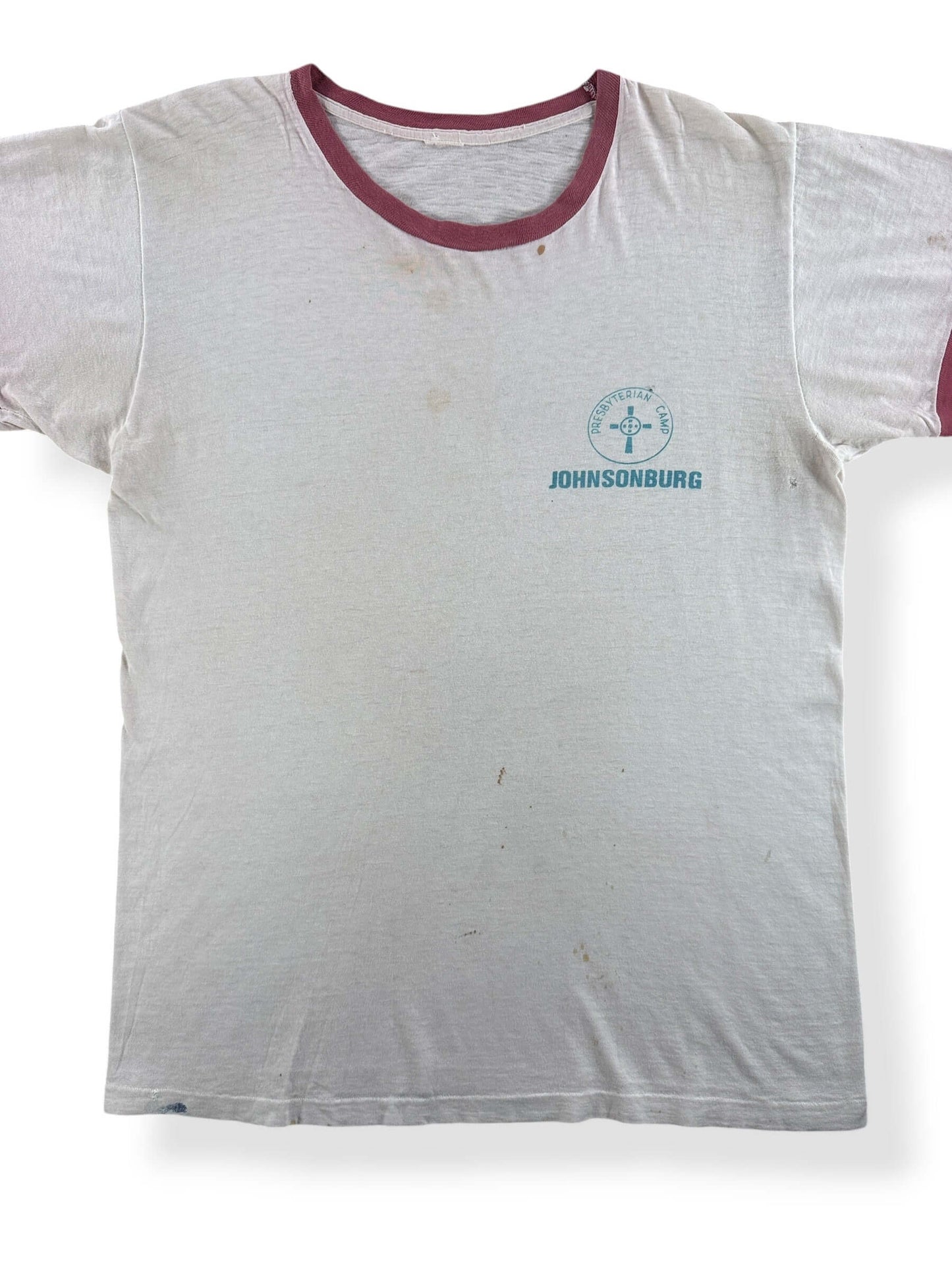 Front Close Up of Vintage 50s/60s Water Print Johnsonburg Ringer Tee SZ M - AS IS