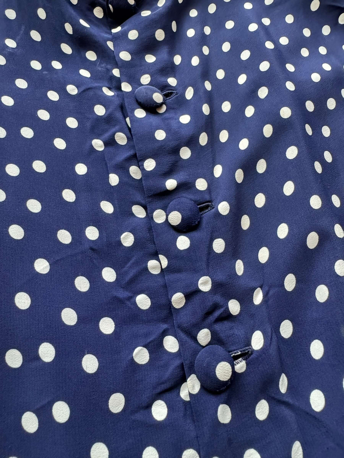 Close up of buttons on Vintage 1940s Rayon Drop Waist Polka Dot Dress