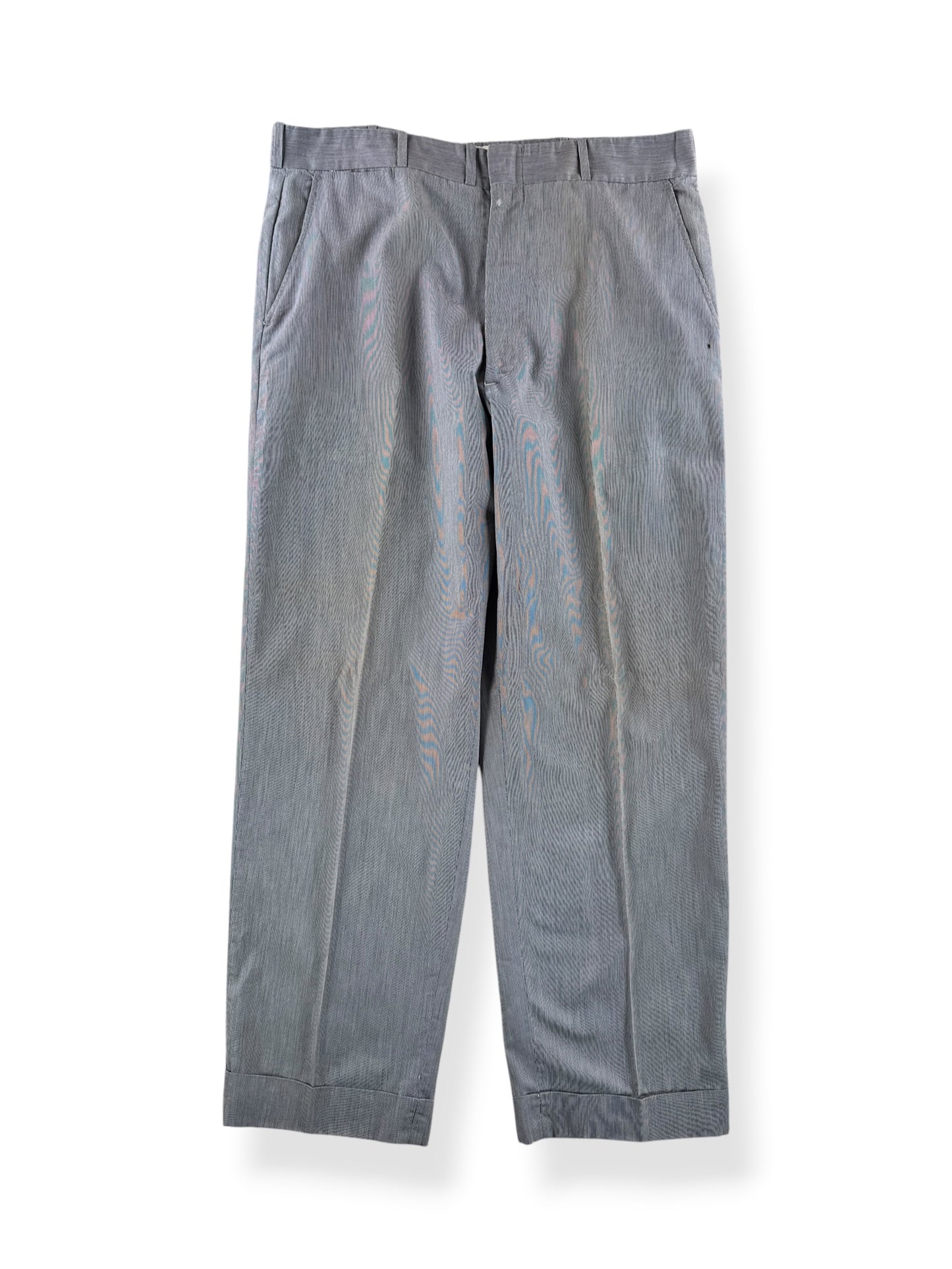 Front of Vintage 50s Pinstripe Buckleback Trousers W34