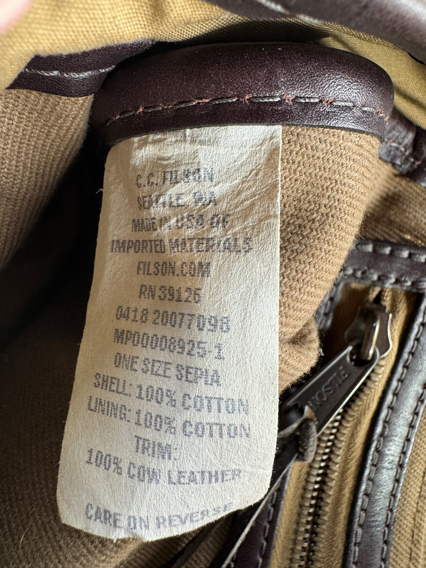 Tag on Filson Satchel Rugged Twill Sample Bag