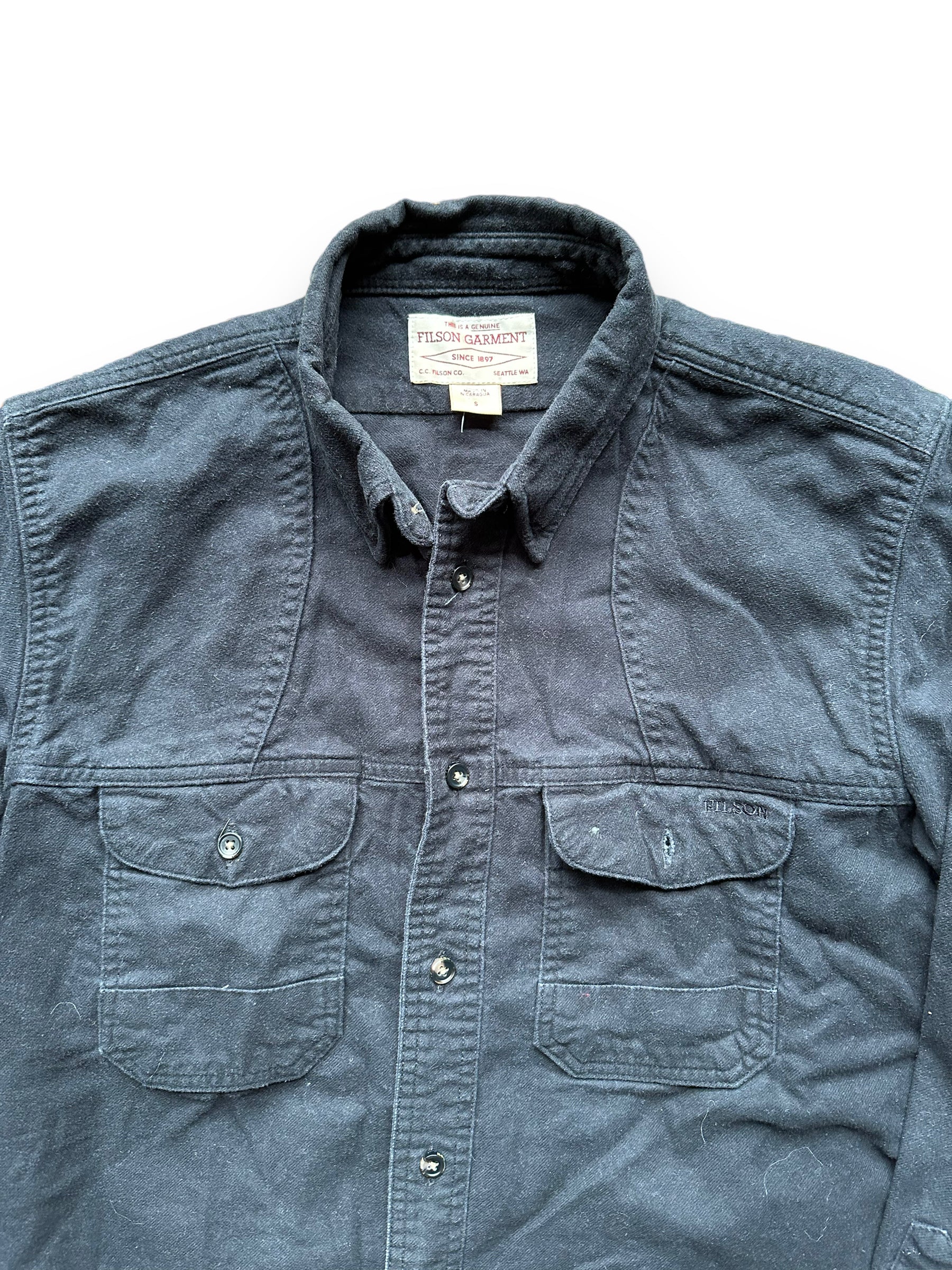 collar of Filson Black Moleskin Shirt |  Barn Owl Vintage Goods | Vintage Filson Workwear Seattle