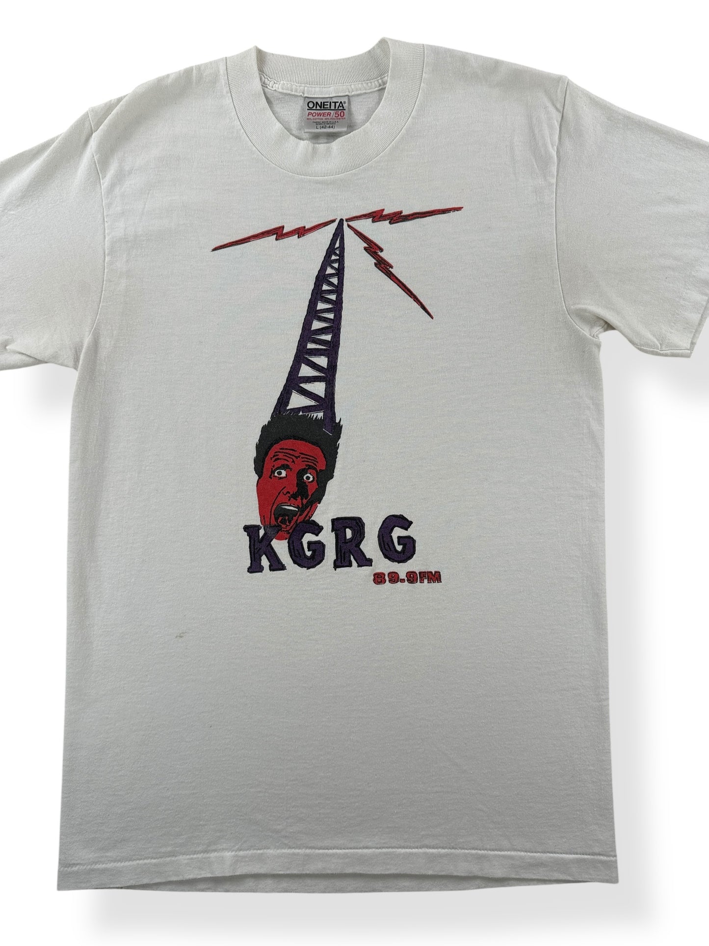 Front Close Up of Vintage KGRG Green River College Station Tee SZ M