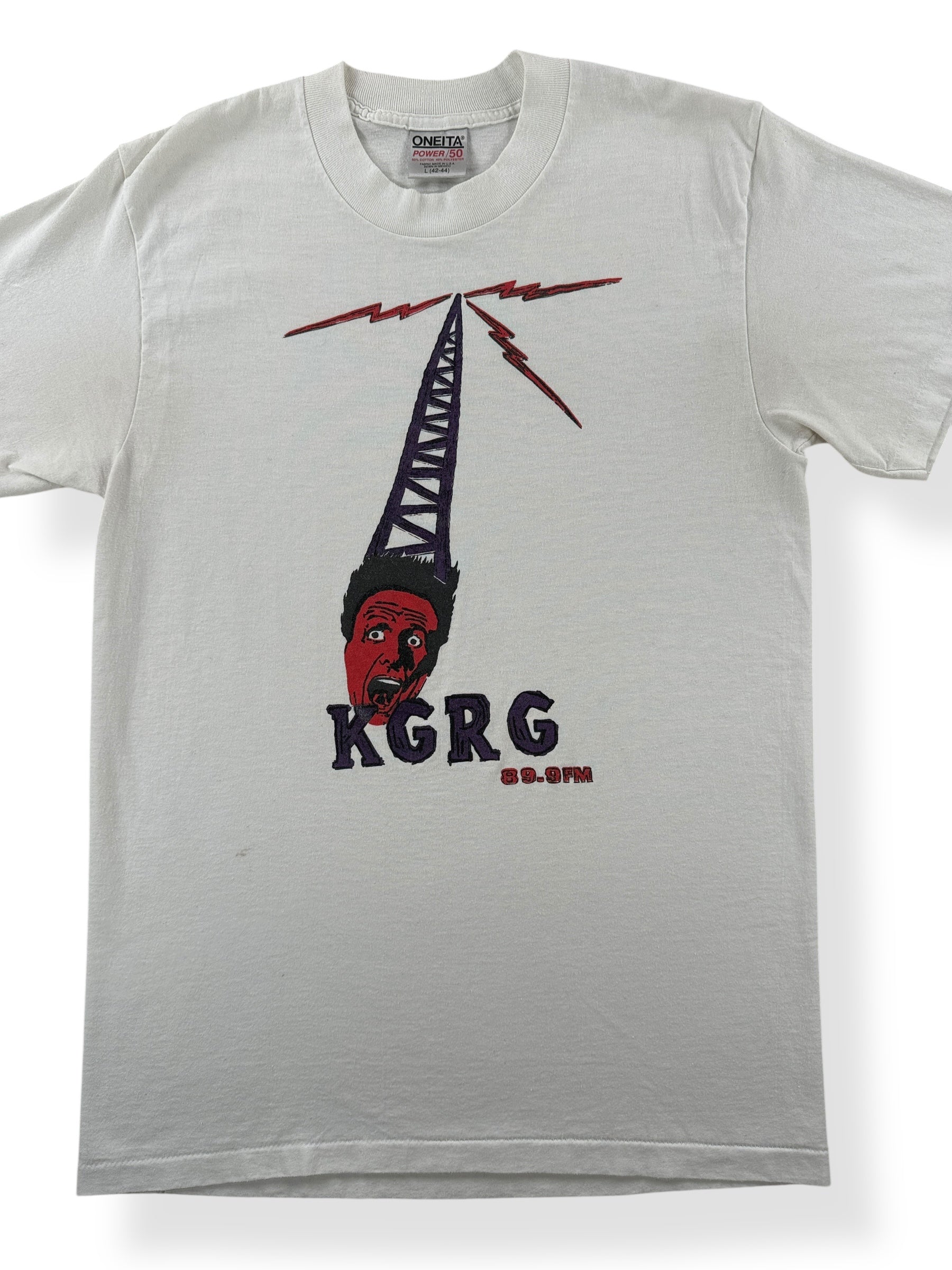 Front Close Up of Vintage KGRG Green River College Station Tee SZ M