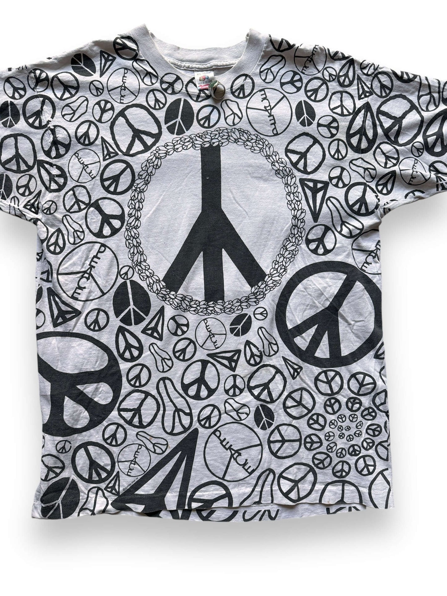 Front Detail on Vintage Single Stitch Peace Sign AOP Tee SZ XL