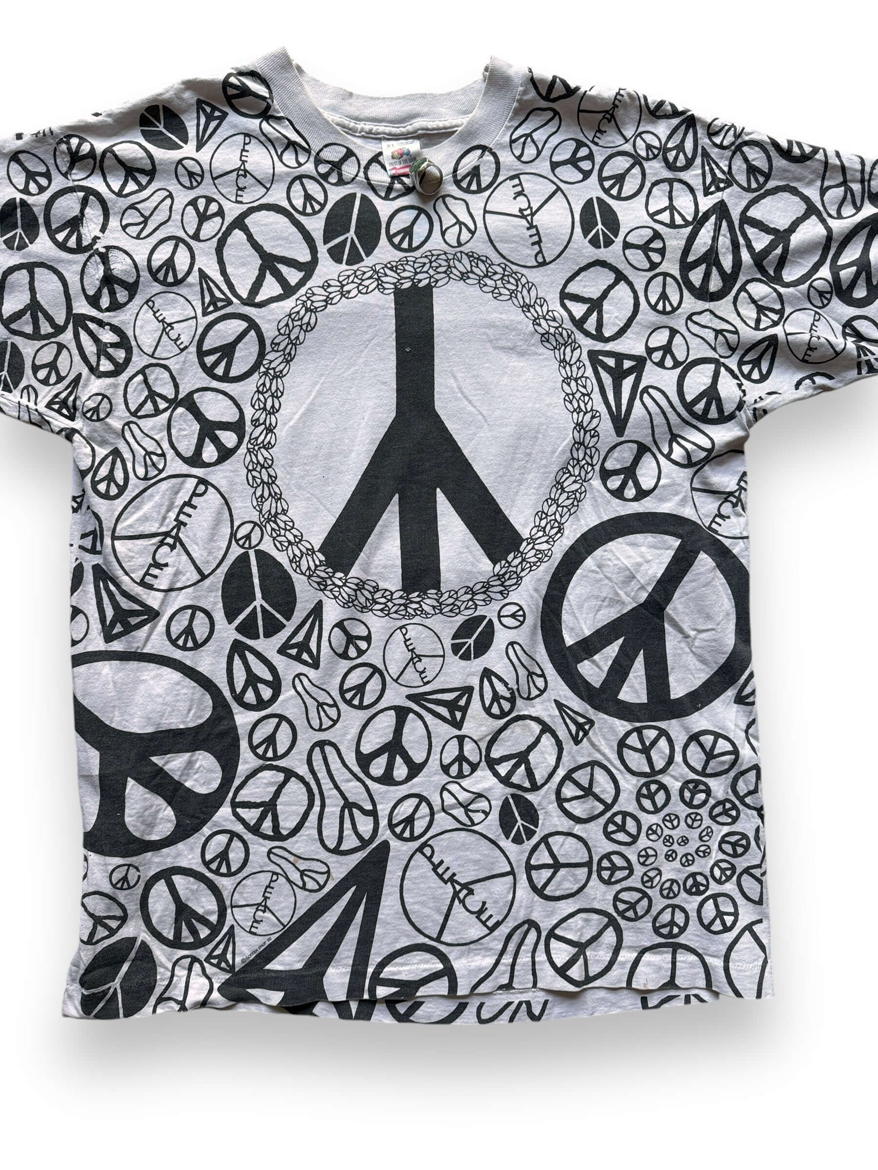 Front Detail on Vintage Single Stitch Peace Sign AOP Tee SZ XL