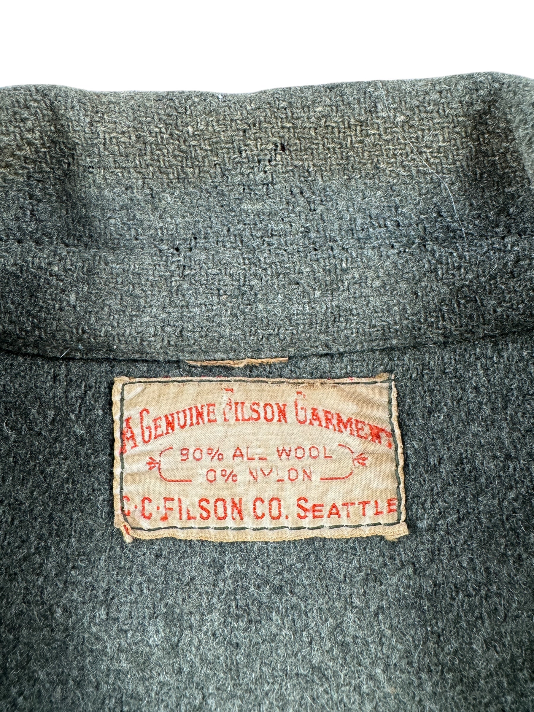Label on Vintage Filson Wool/Nylon Blend Jacket SZ L AS IS