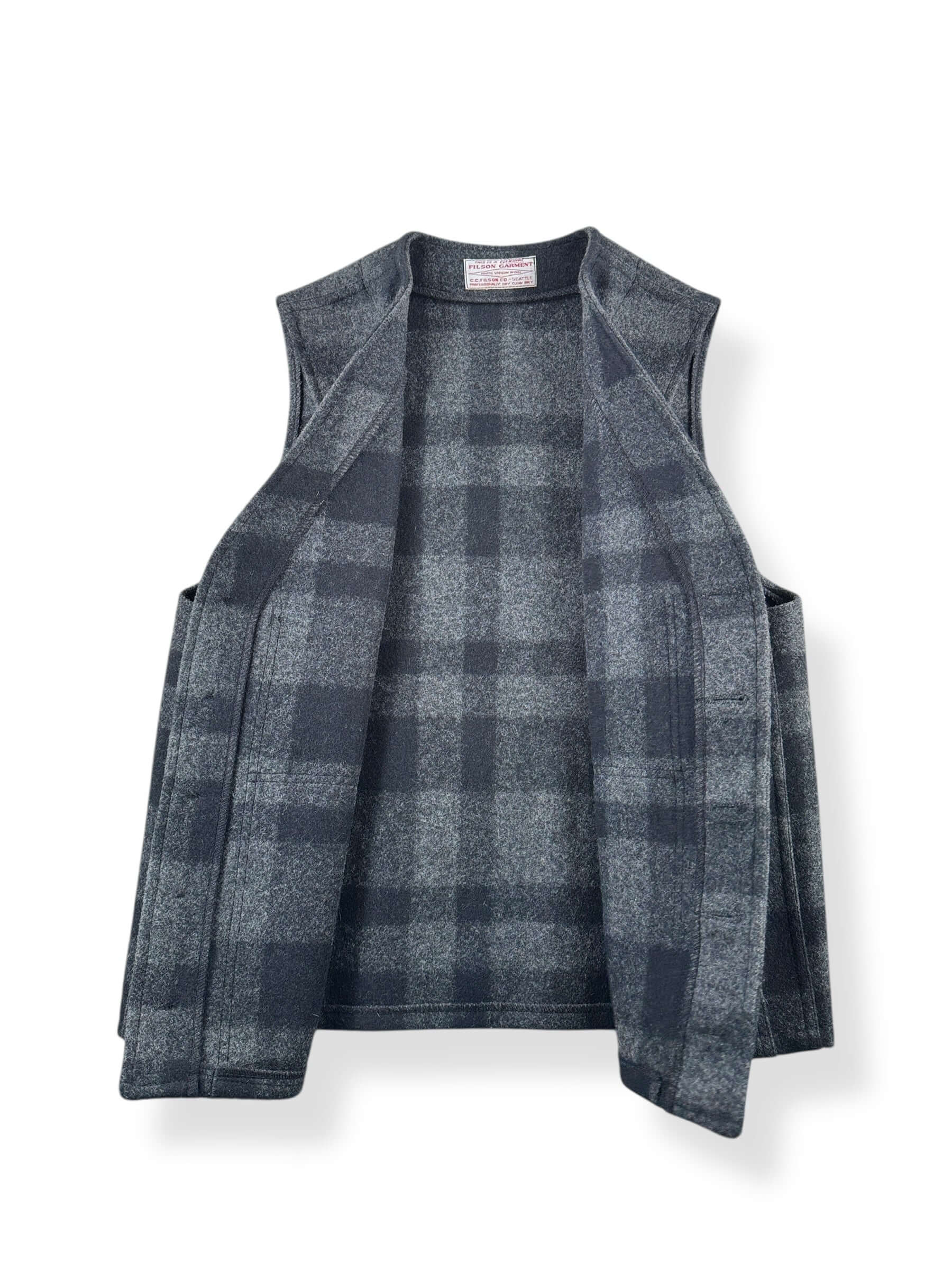 Inside of Vintage Filson Charcoal Plaid Mackinaw Vest SZ M
