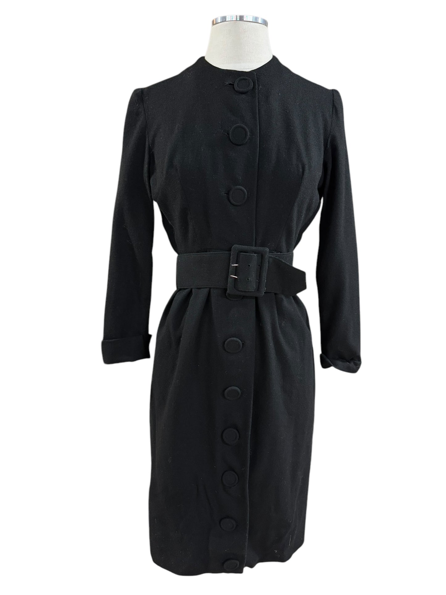 1960s Black Wool Button Up Dress S 1960s Black Wool Button Up Dress S