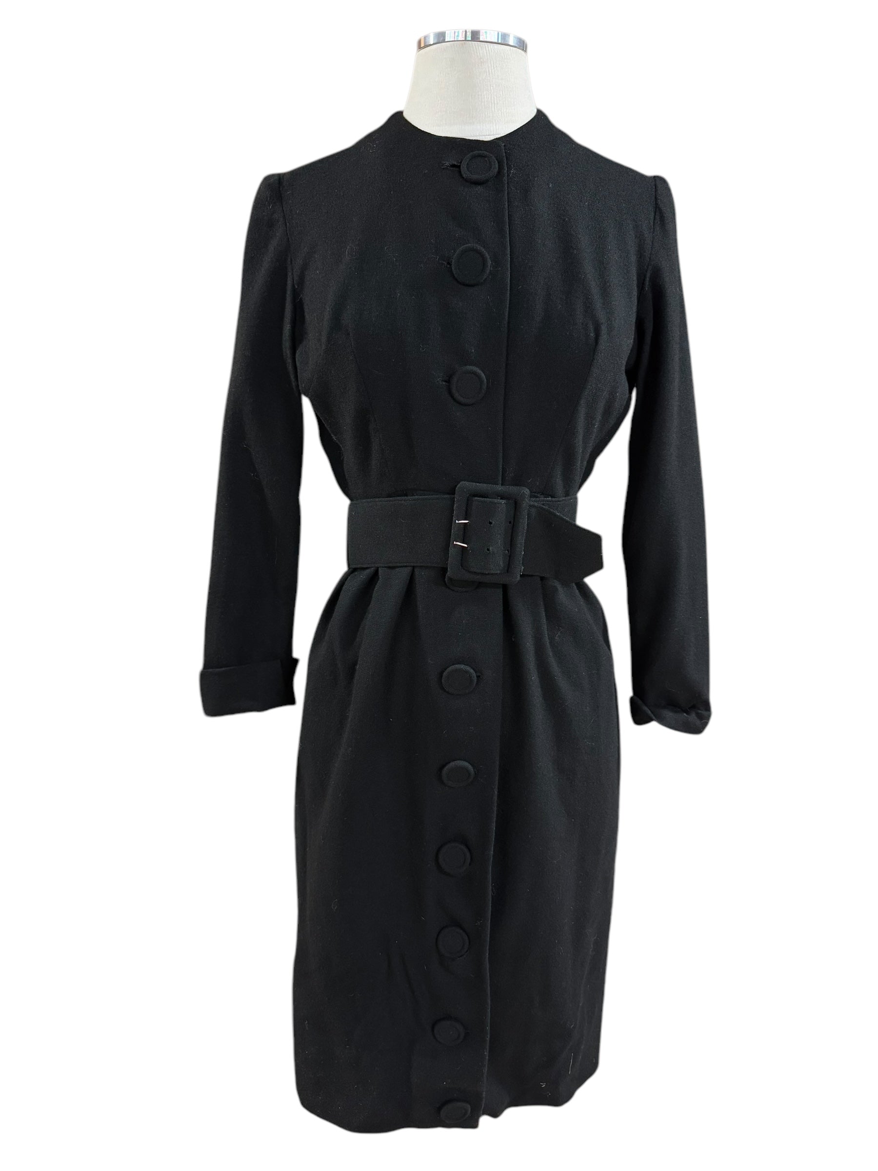 Front viewof 1960s Black Wool Button Up Dress S