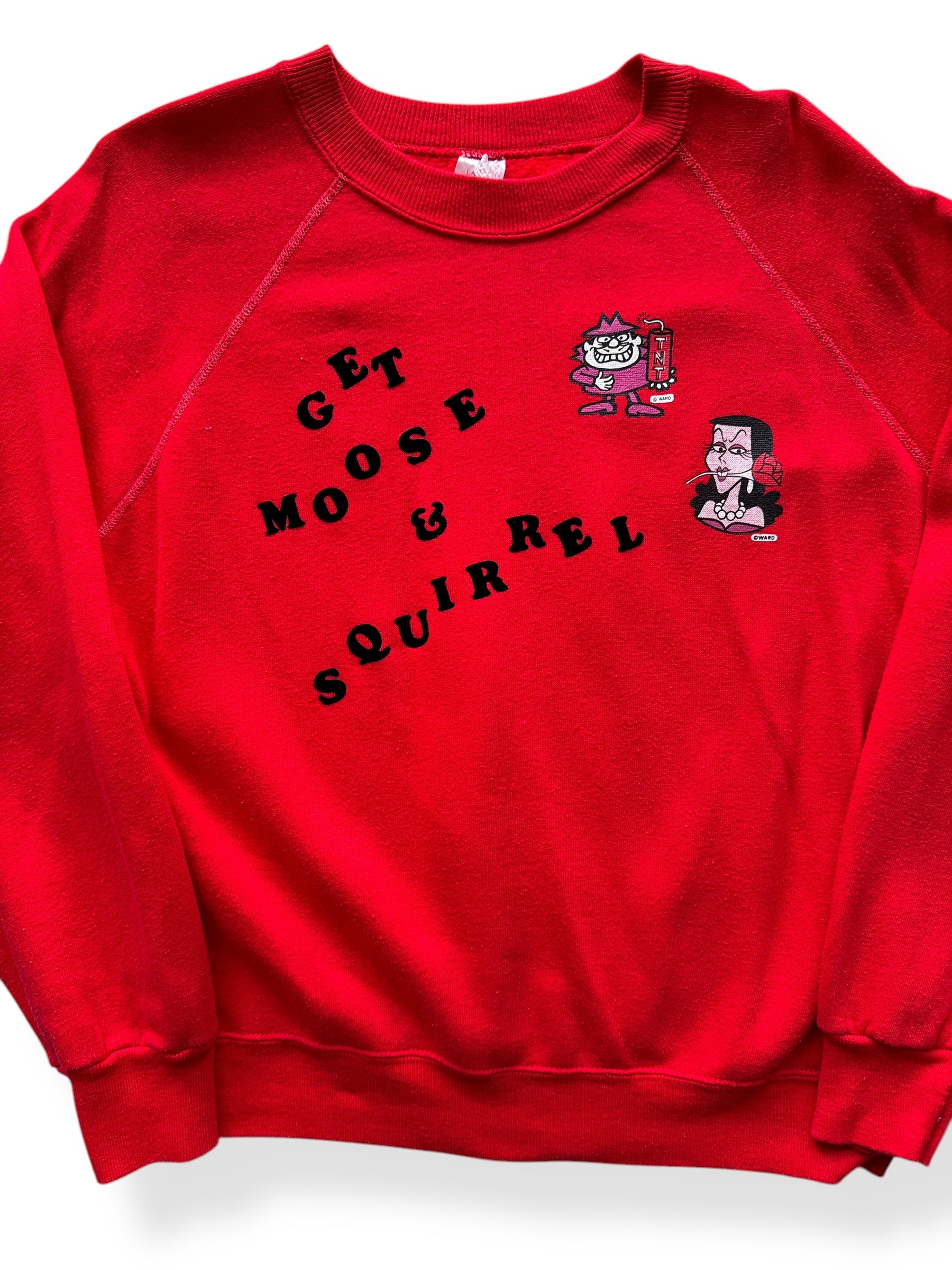 Front Close Up of Vintage Boris & Natasha Get Moose & Squirrel Red Crewneck SZ L