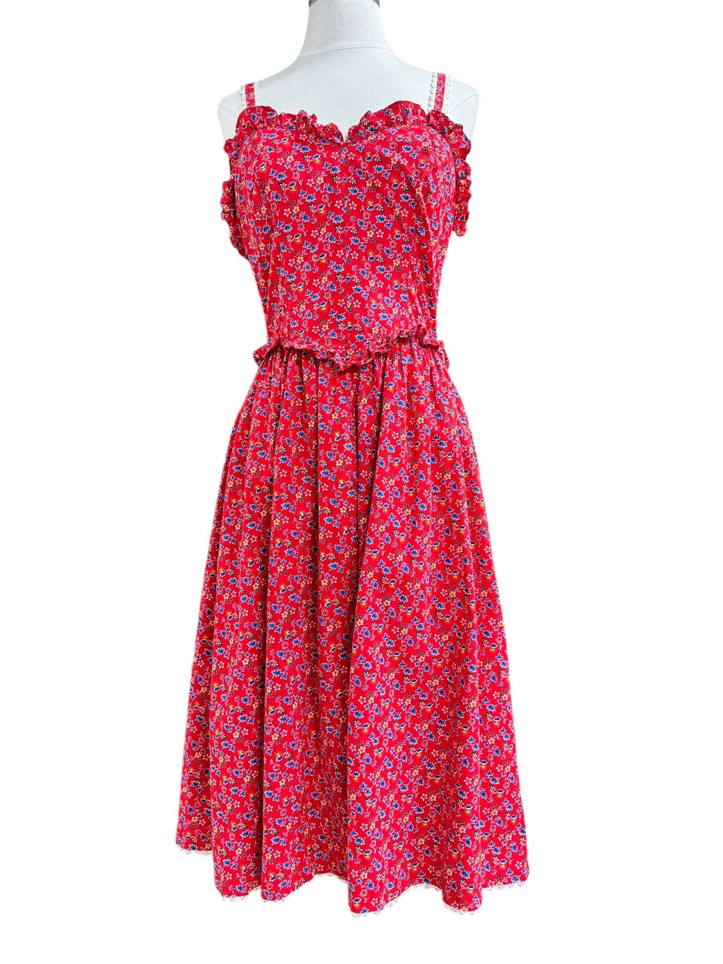 Front view of 1970s Red Prairie Style Dress S