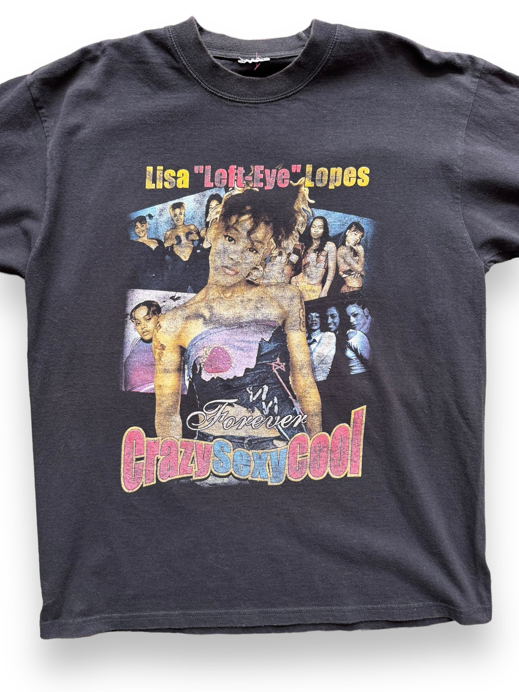 front close up of Vintage Lisa "Left-Eye" Lopez TLC Memorial Rap Tee SZ L