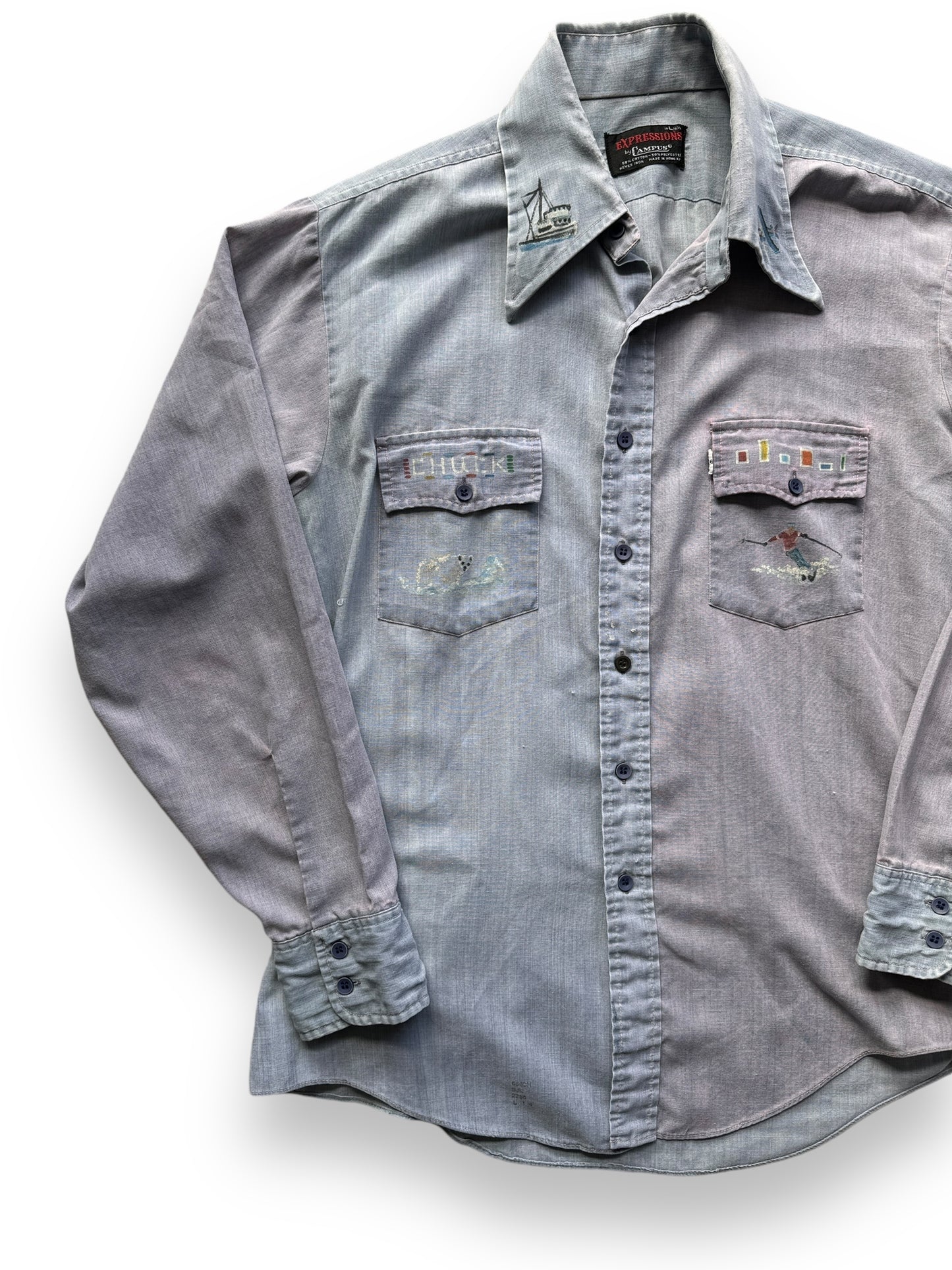 front right of Vintage Handpainted Alaskan Chambray Shirt SZ L