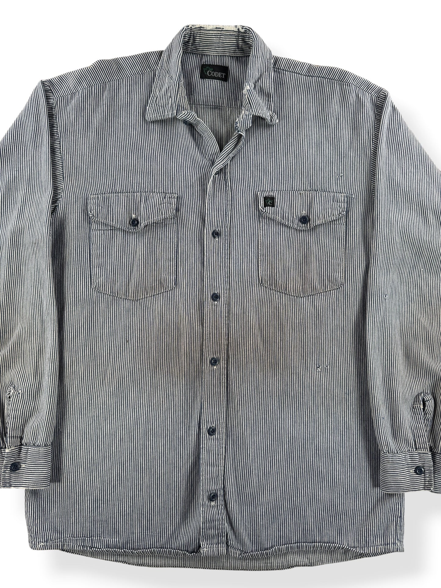 Front Close Up of Vintage Codet Hickory Stripe Button Up SZ L