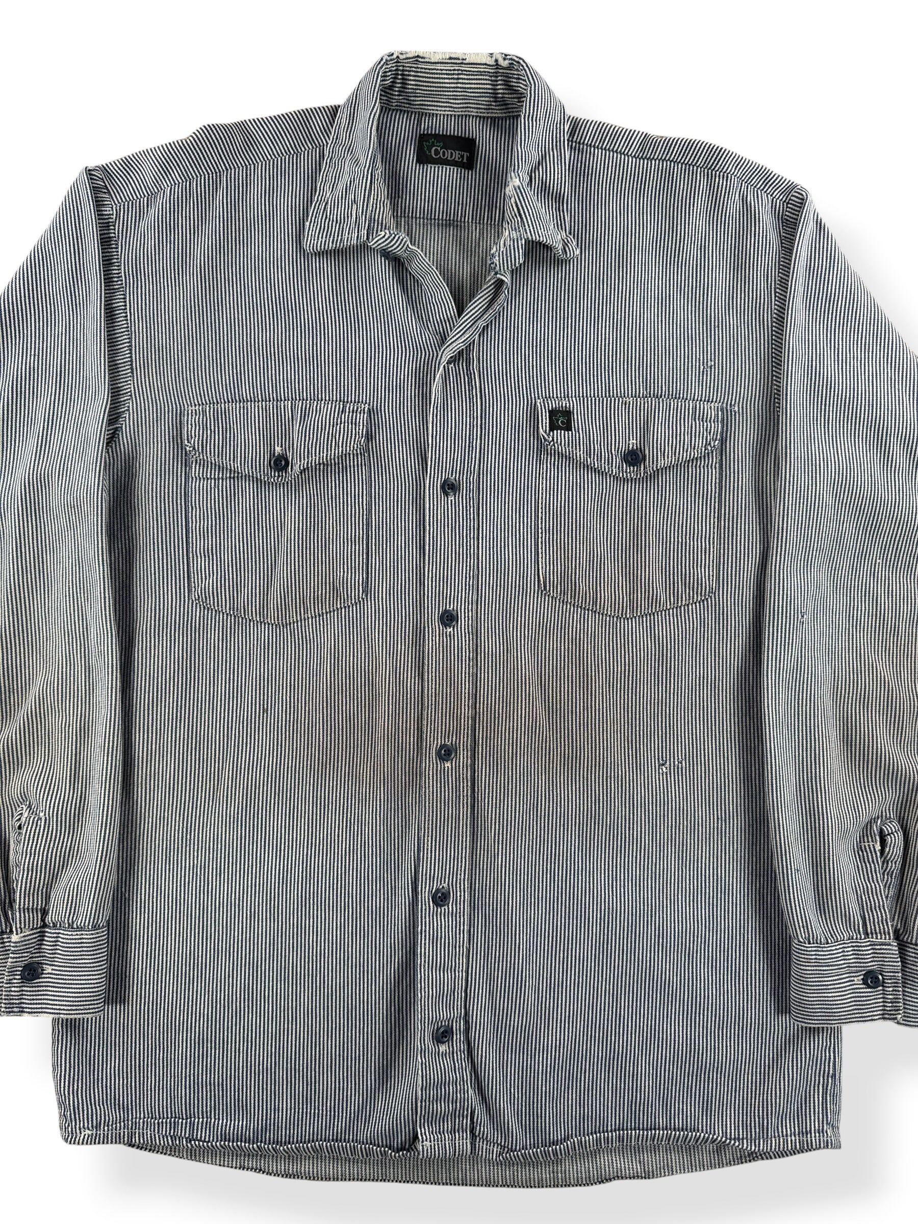 Front Close Up of Vintage Codet Hickory Stripe Button Up SZ L