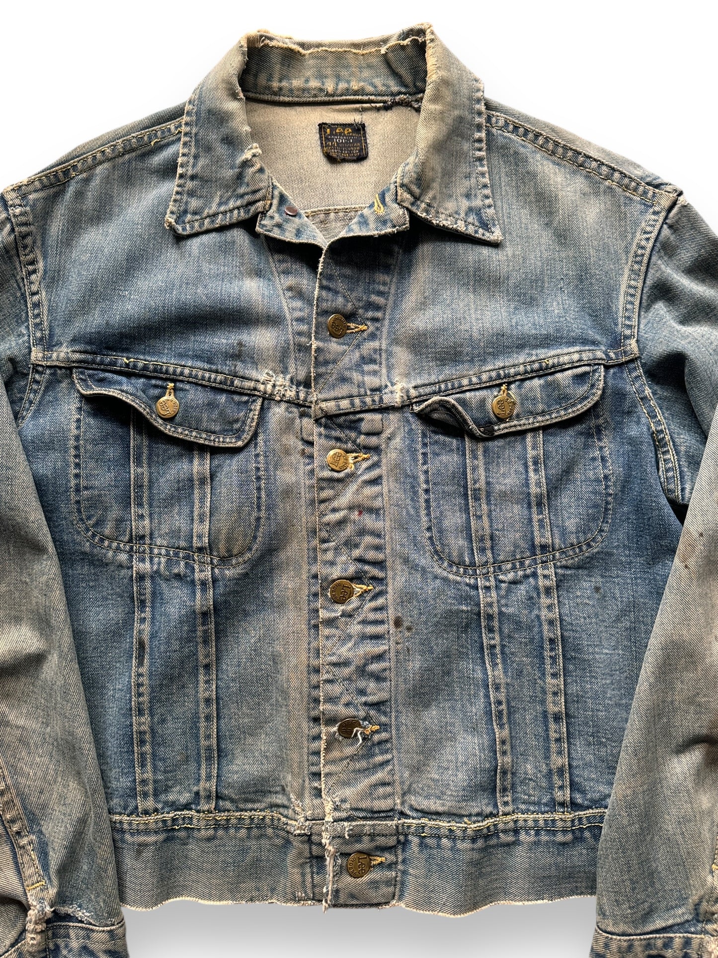 front close up of Vintage Perfectly Washed Lee 101-J Jacket SZ 44