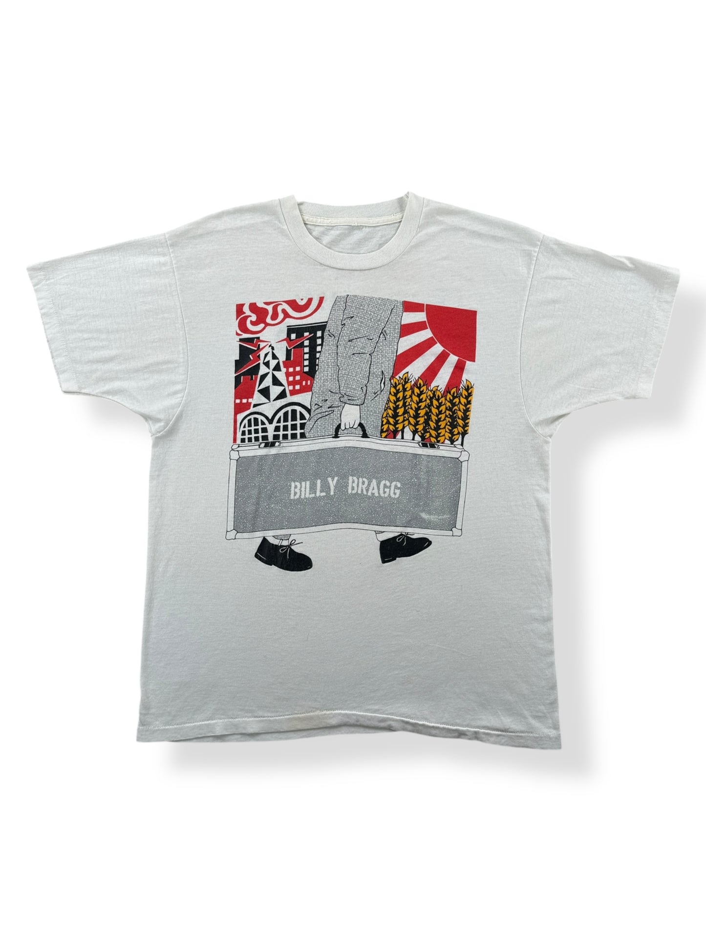 Front of Vintage Billy Bragg 1986 Have Guitar Will Travel Tour Tee SZ M