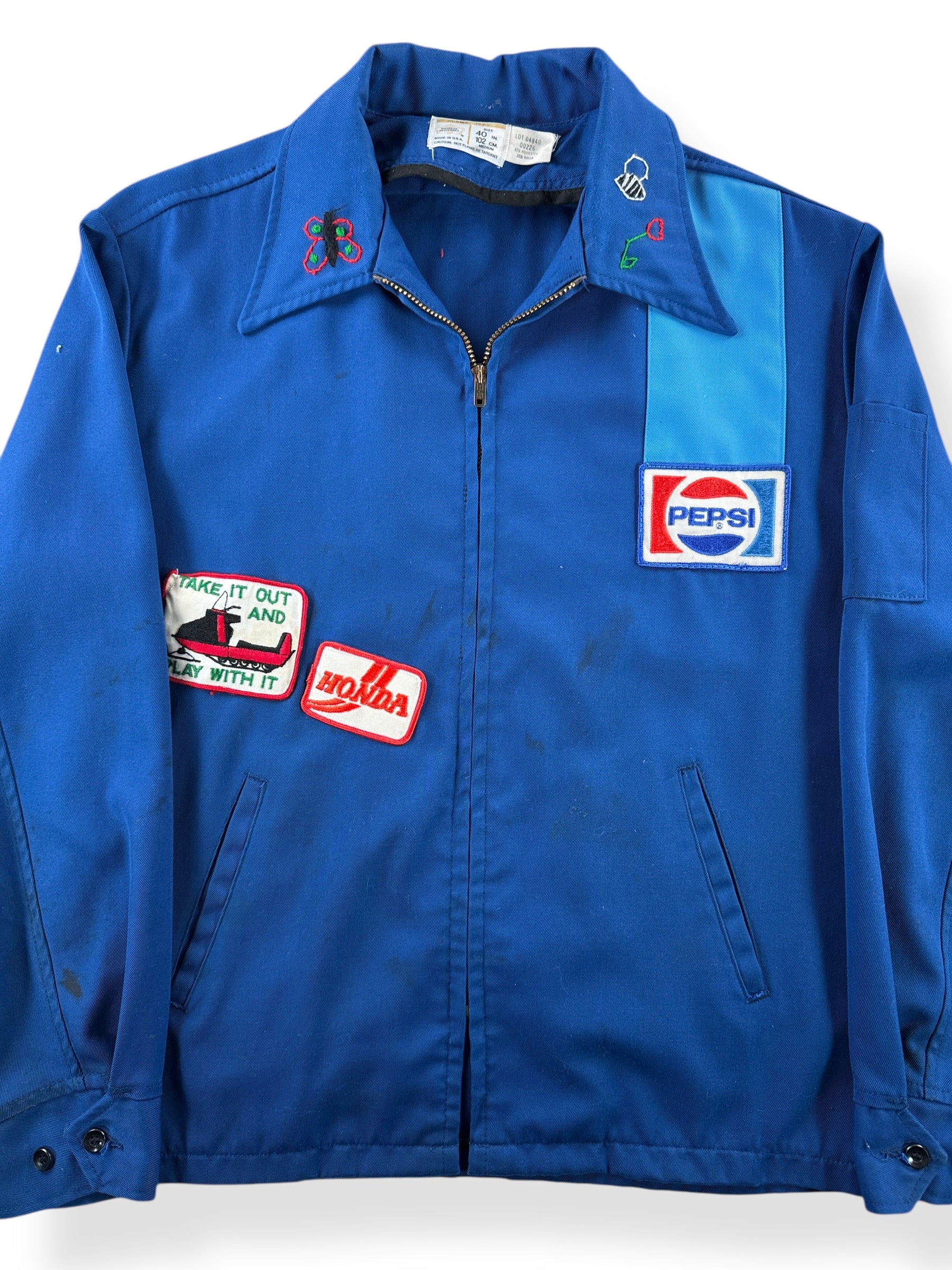 Front Close Up of Vintage Patched Gas Station Jacket SZ M