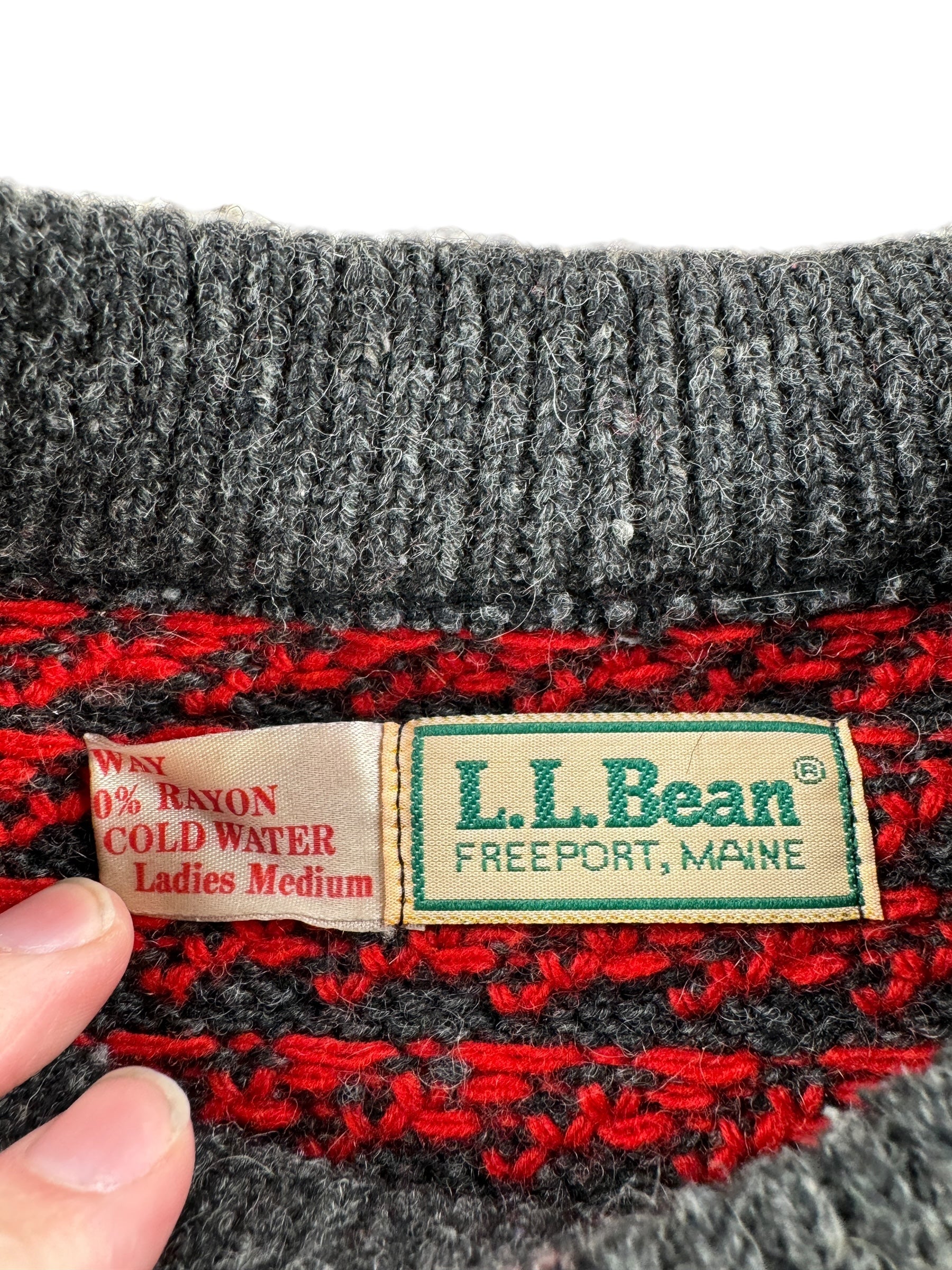Tag on Vintage Ladies LL Bean Birdseye Sweater Red & Grey SZ M