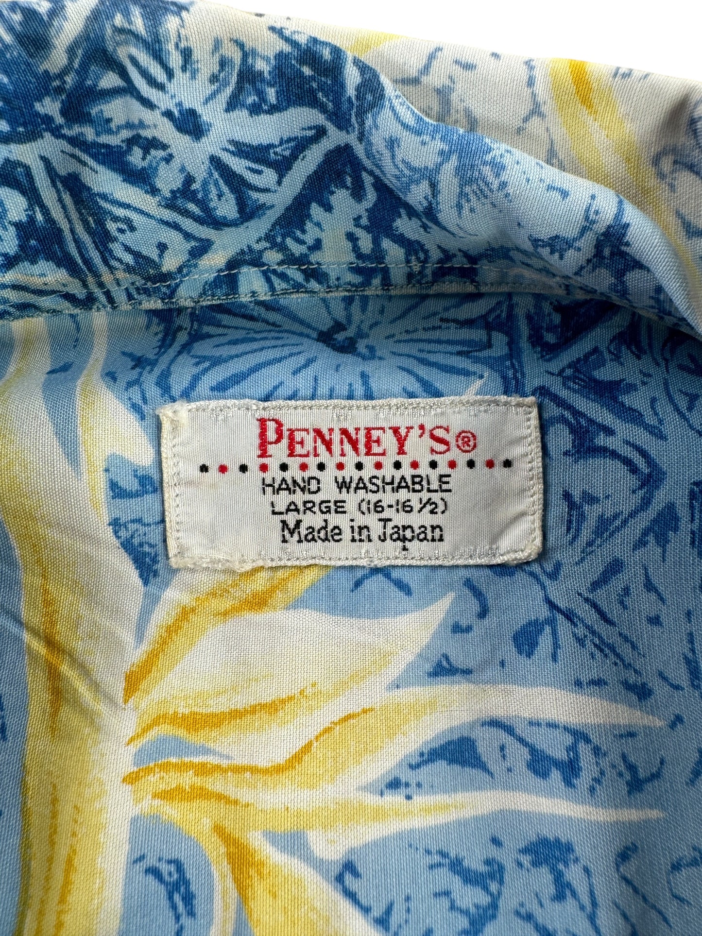 Tag on Vintage Repaired Penney's Rayon Aloha Shirt SZ L