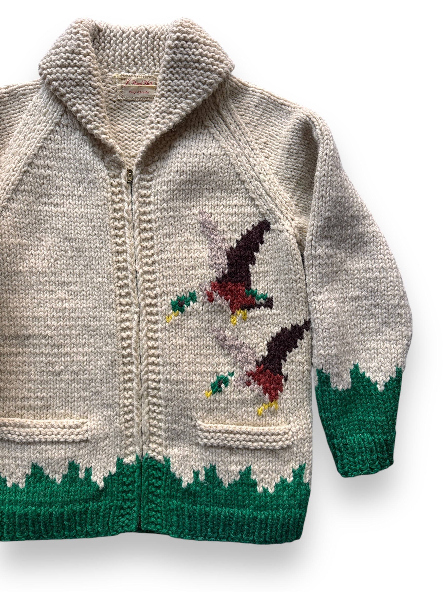 Front Left View of Vintage Duck Themed Cowichan Style Sweater SZ M