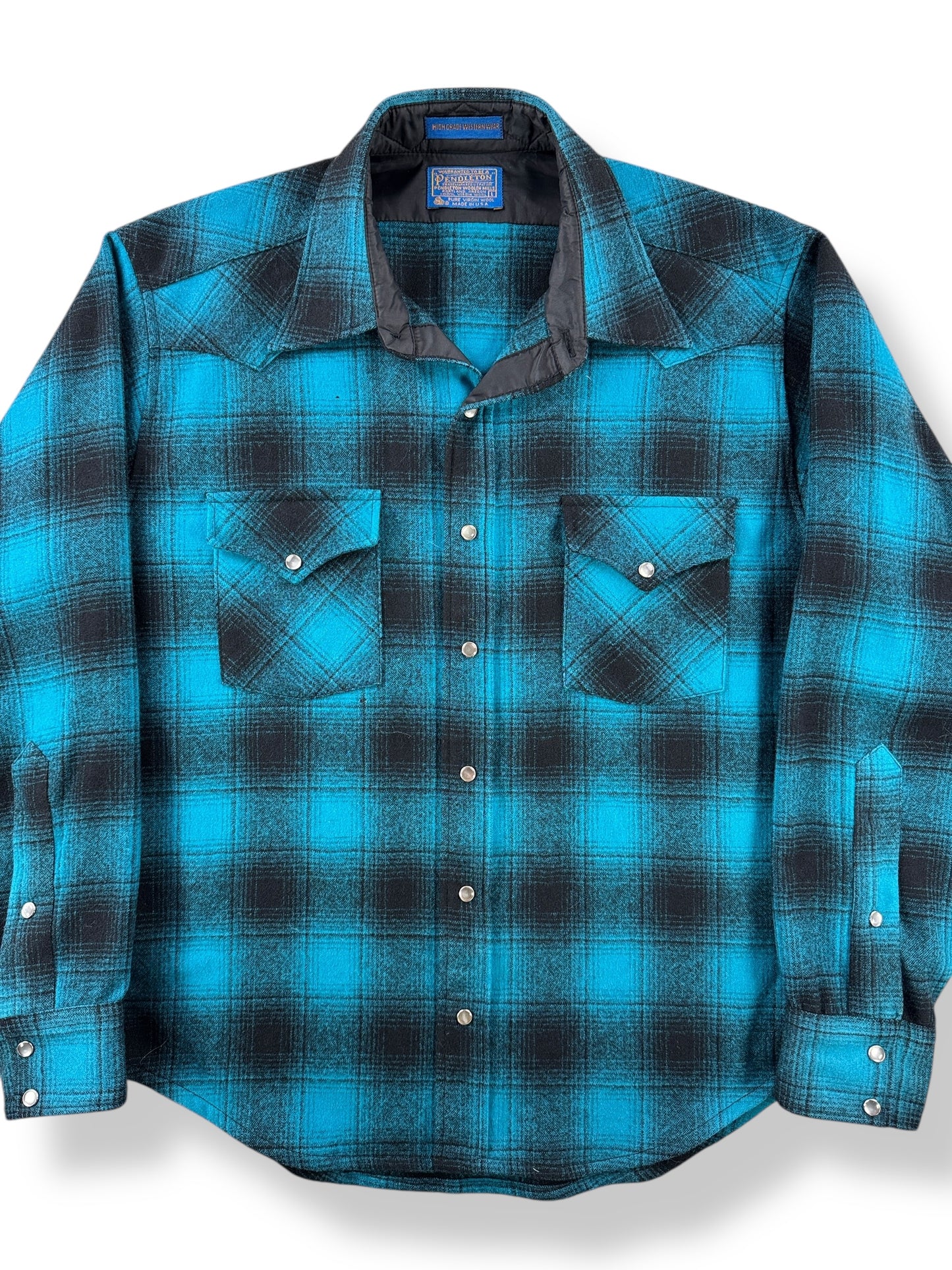 Front Close Up of Vintage Pendleton Turquoise Shadow plaid Pearlsnap Flannel SZ L