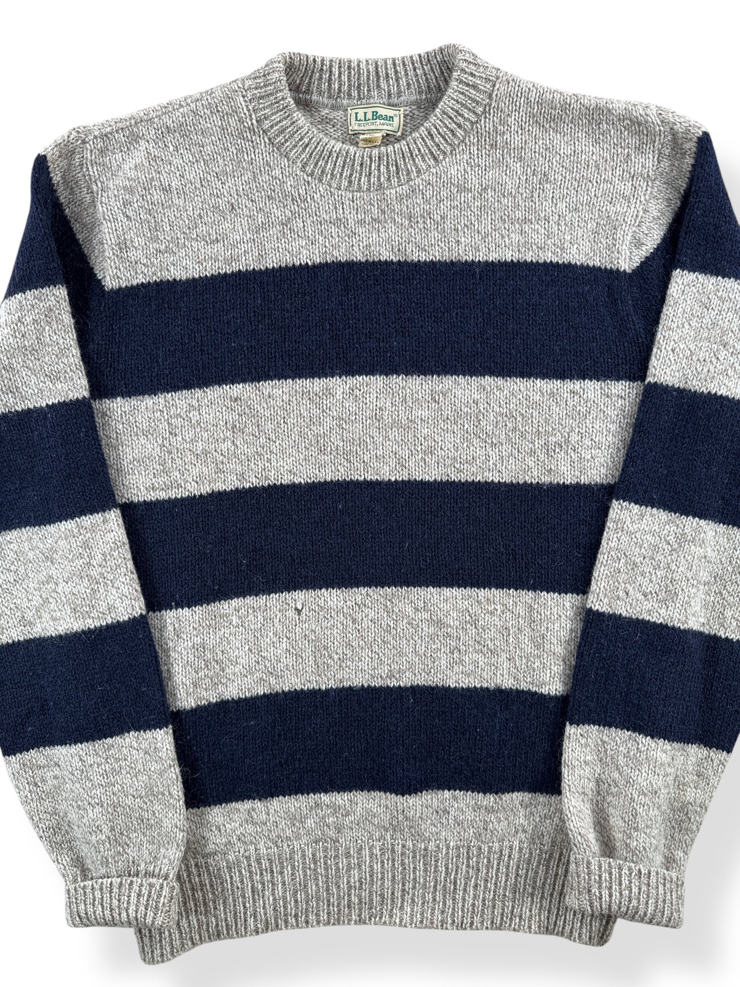Front Close Up of Vintage L.L. Bean Blue Striped Ragg Wool Blend Sweater SZ M Long