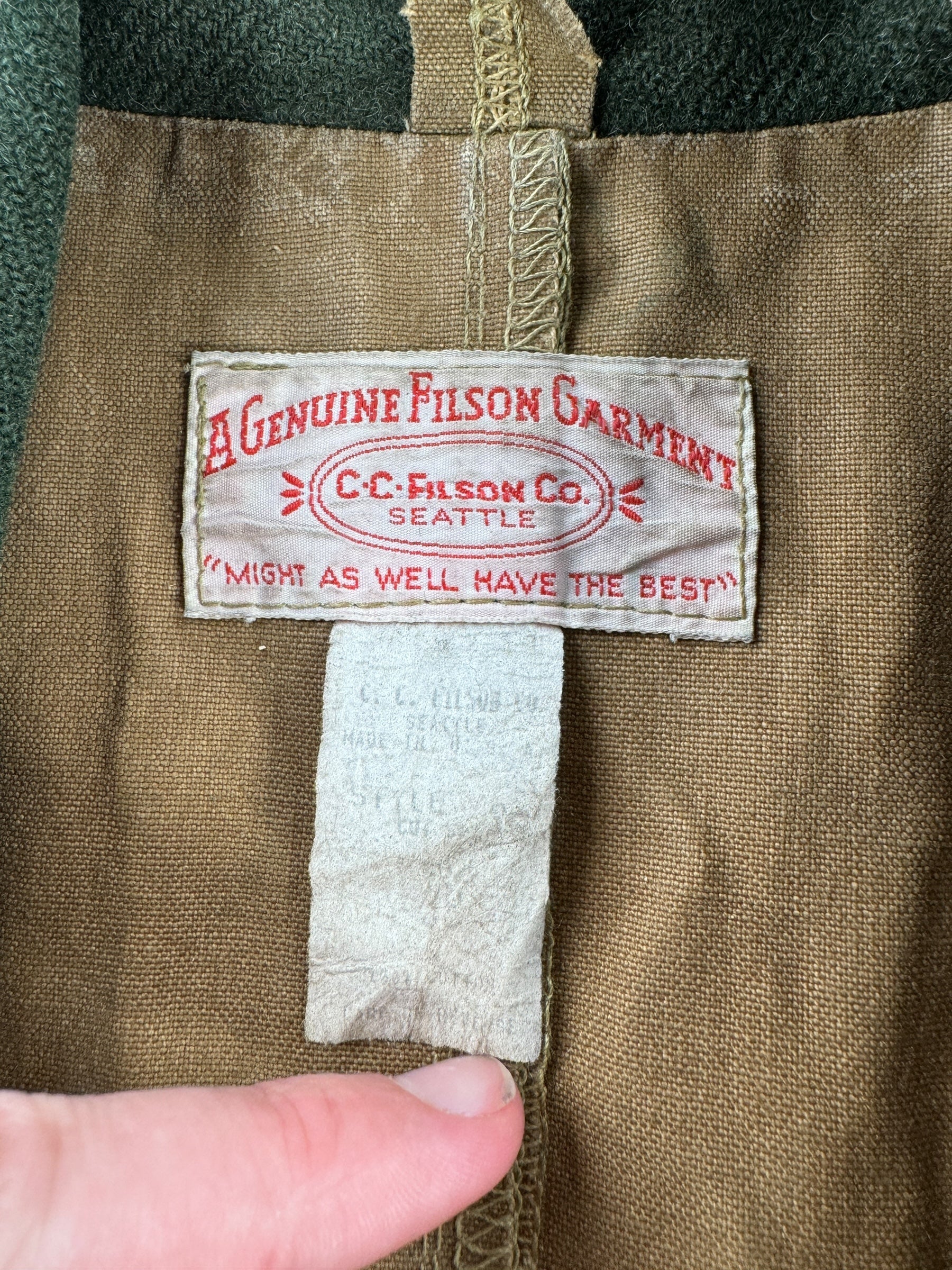 Tag on Vintage Filson Tin Cloth Packer Coat SZ 40