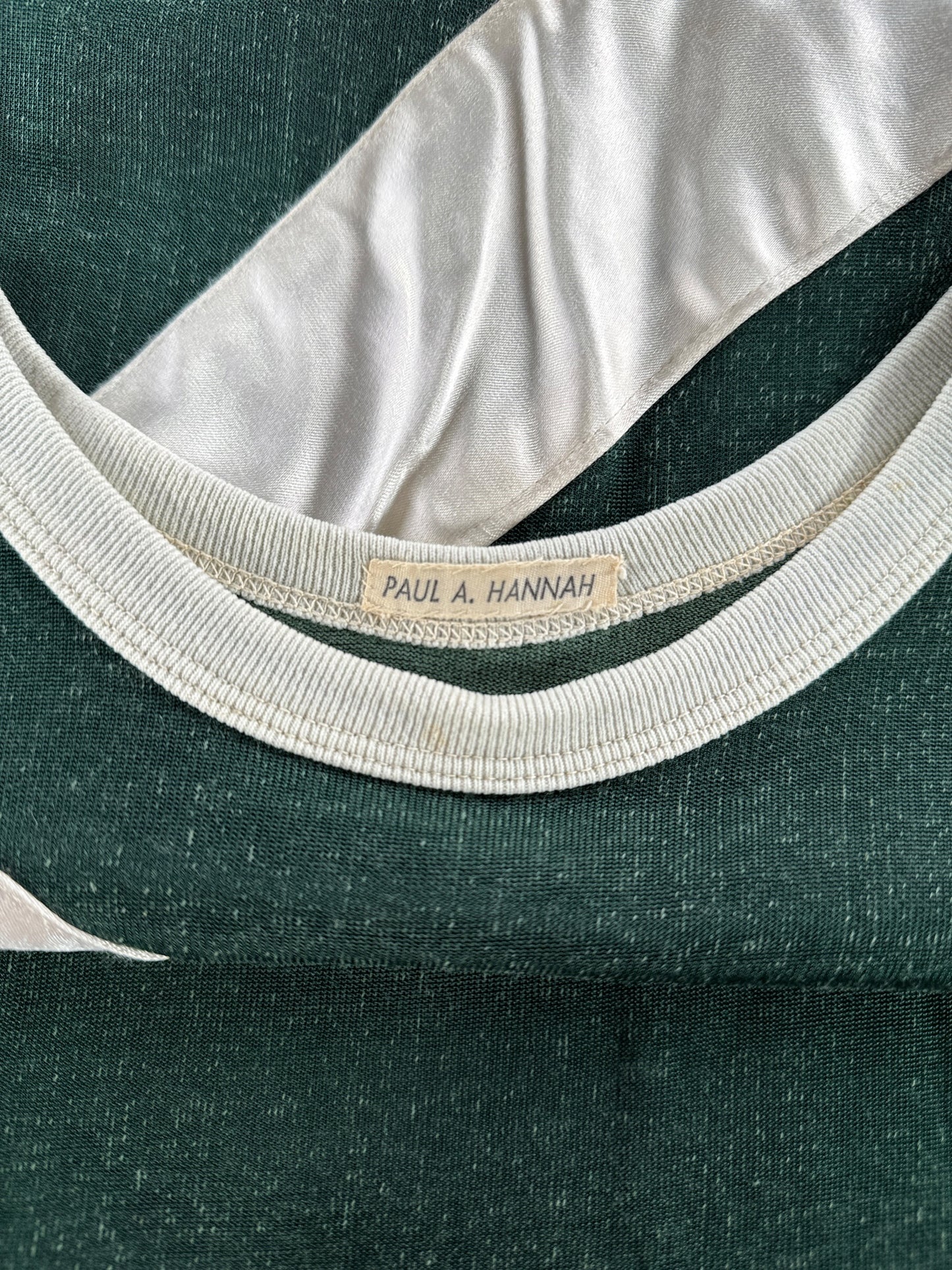 Name tag on inner collar of Vintage Blue Bar Durene Crew Ringer Tee SZ L (Fits M)