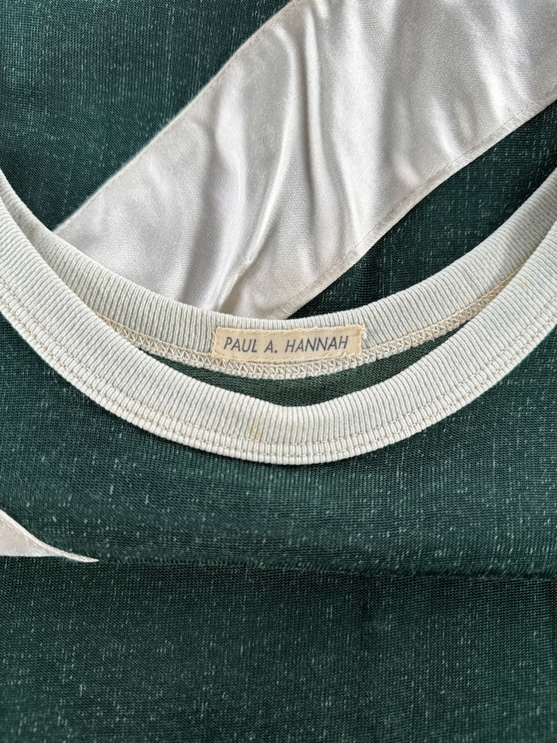Name tag on inner collar of Vintage Blue Bar Durene Crew Ringer Tee SZ L (Fits M)