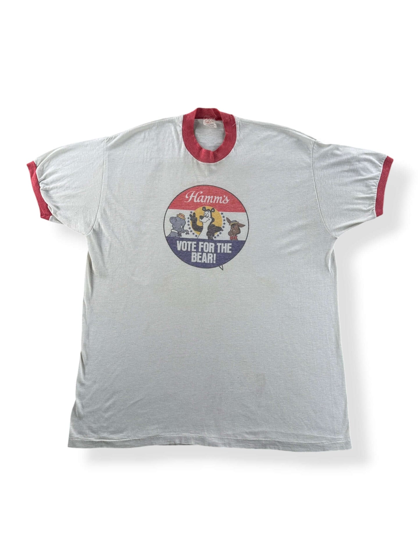 Front of Vintage Hamms Vote for the Bear Faded Ringer Tee SZ XL (Fits L)