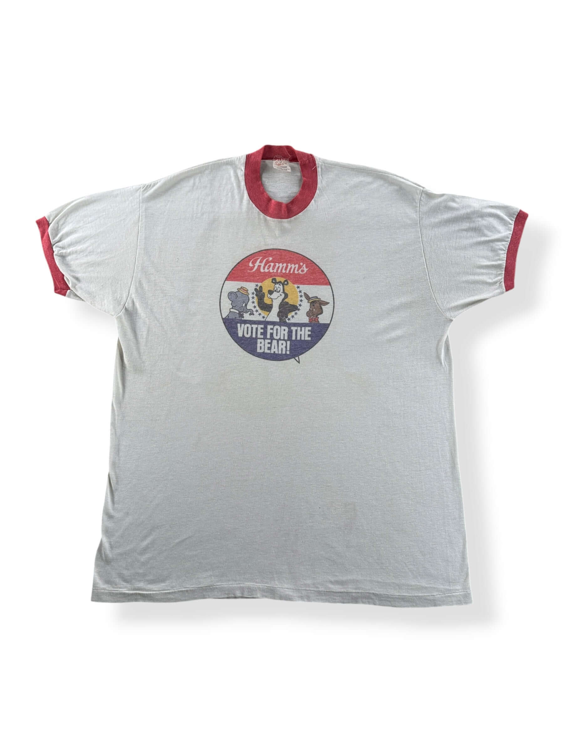 Front of Vintage Hamms Vote for the Bear Faded Ringer Tee SZ XL (Fits L)