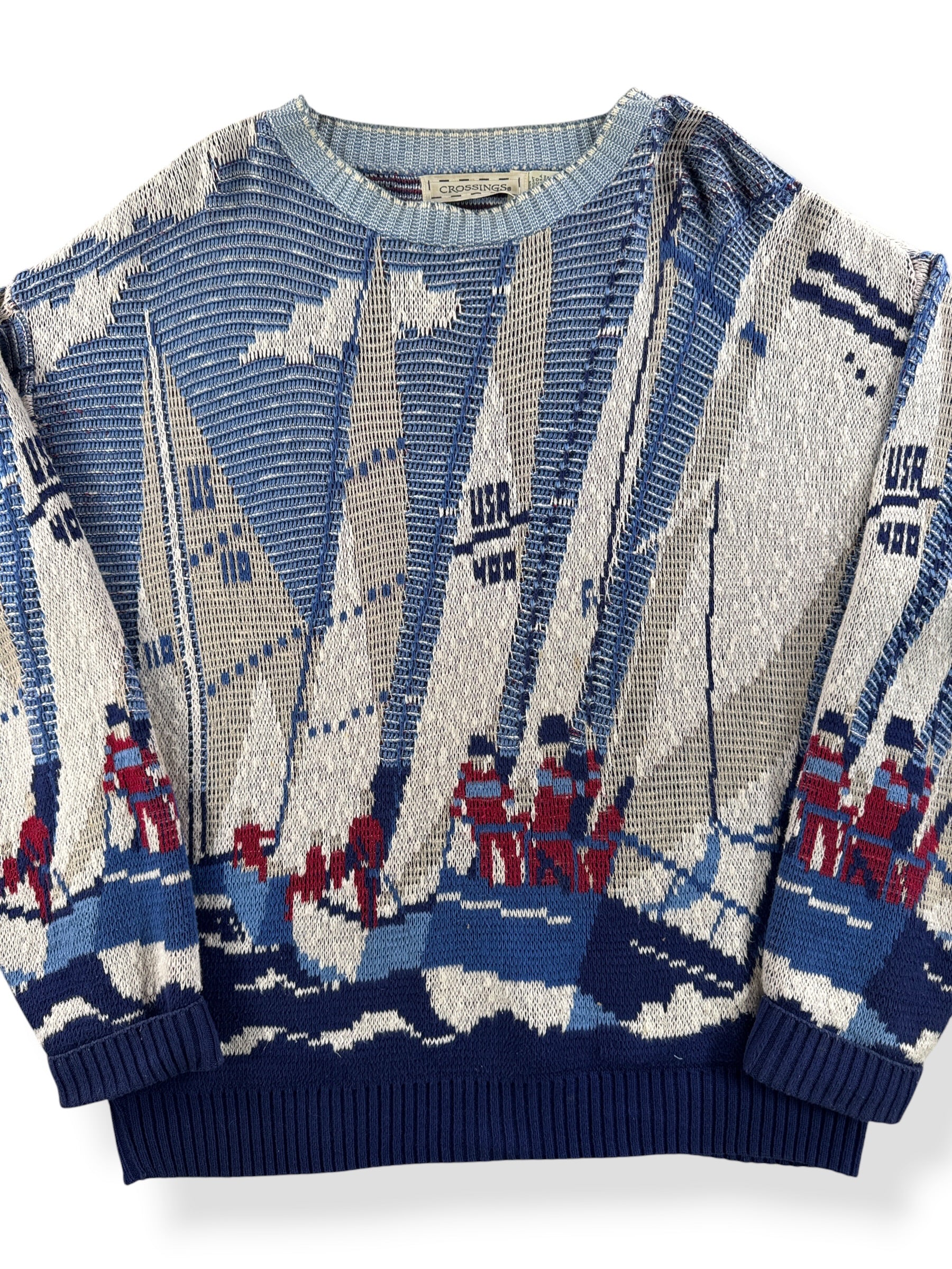 Front Close Up of Vintage Sailboat Novelty Print Sweater SZ M