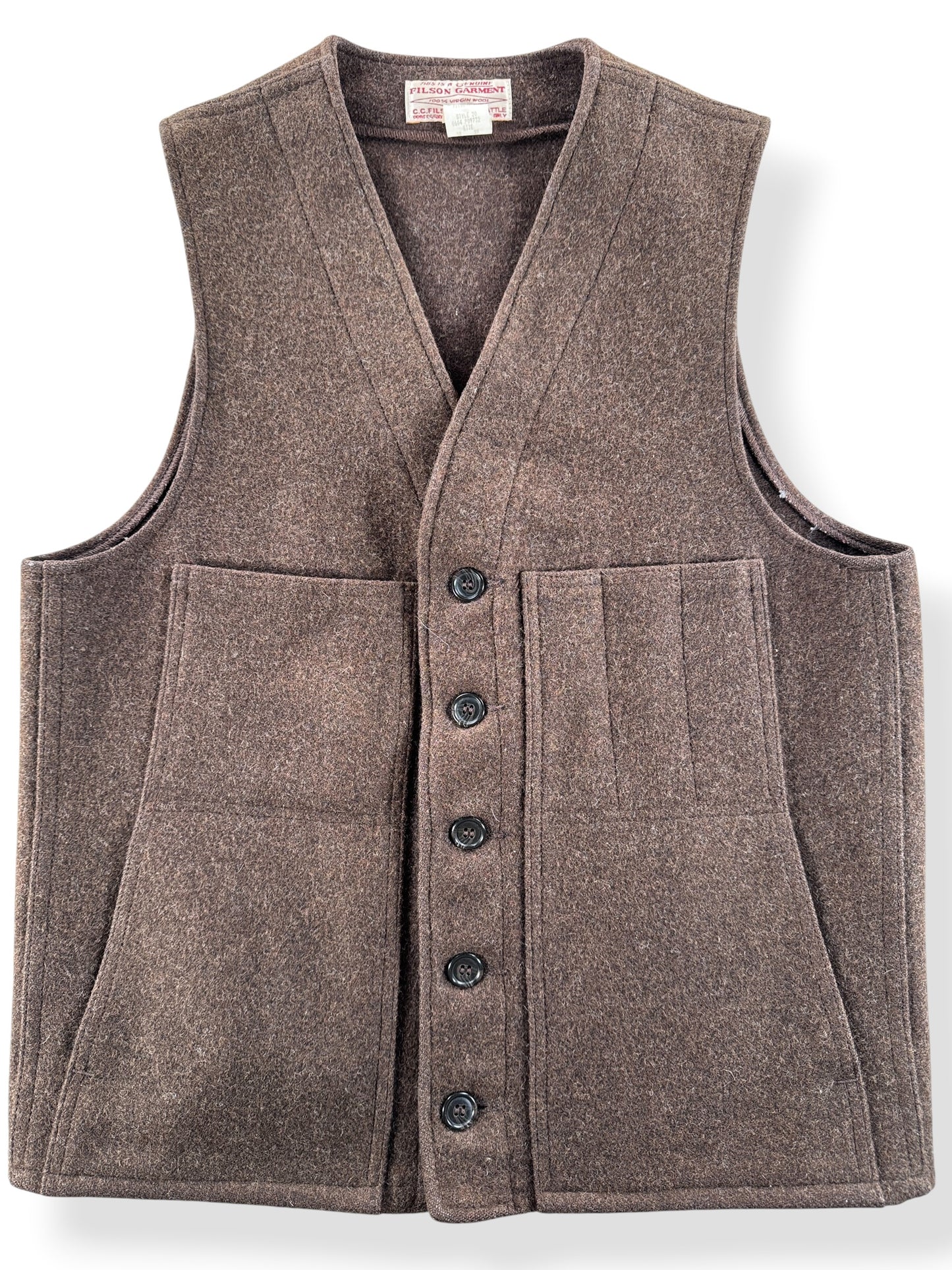 Front Close Up of Vintage Filson Brown Mackinaw Vest SZ 38