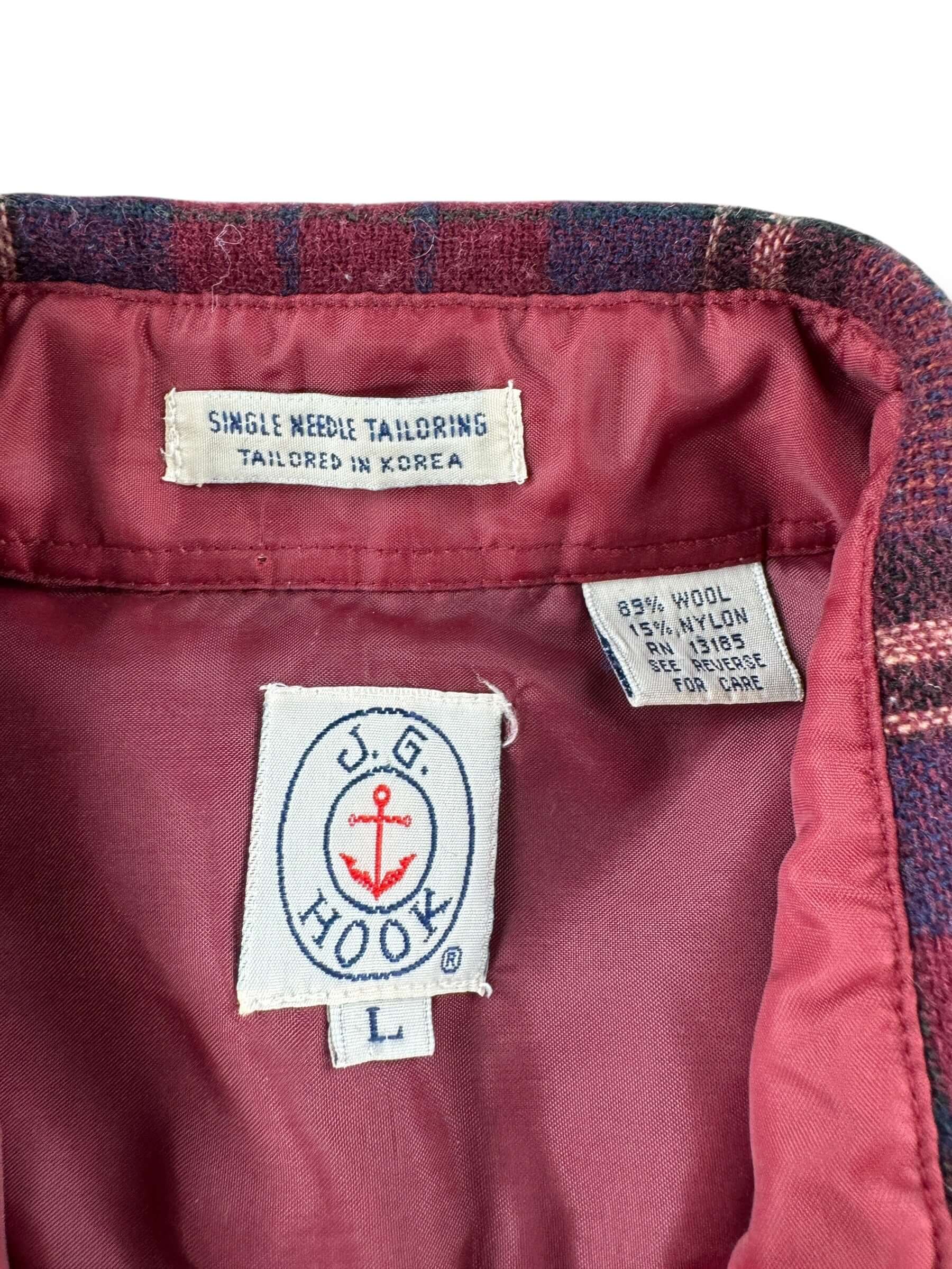 Tag on Vintage JG Hook Wool Flannel SZ L