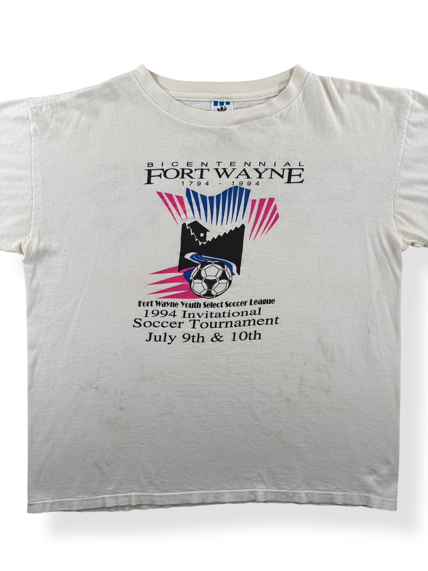 Front Close Up of Vintage Adidas Fort Wayne Soccer Tee SZ M