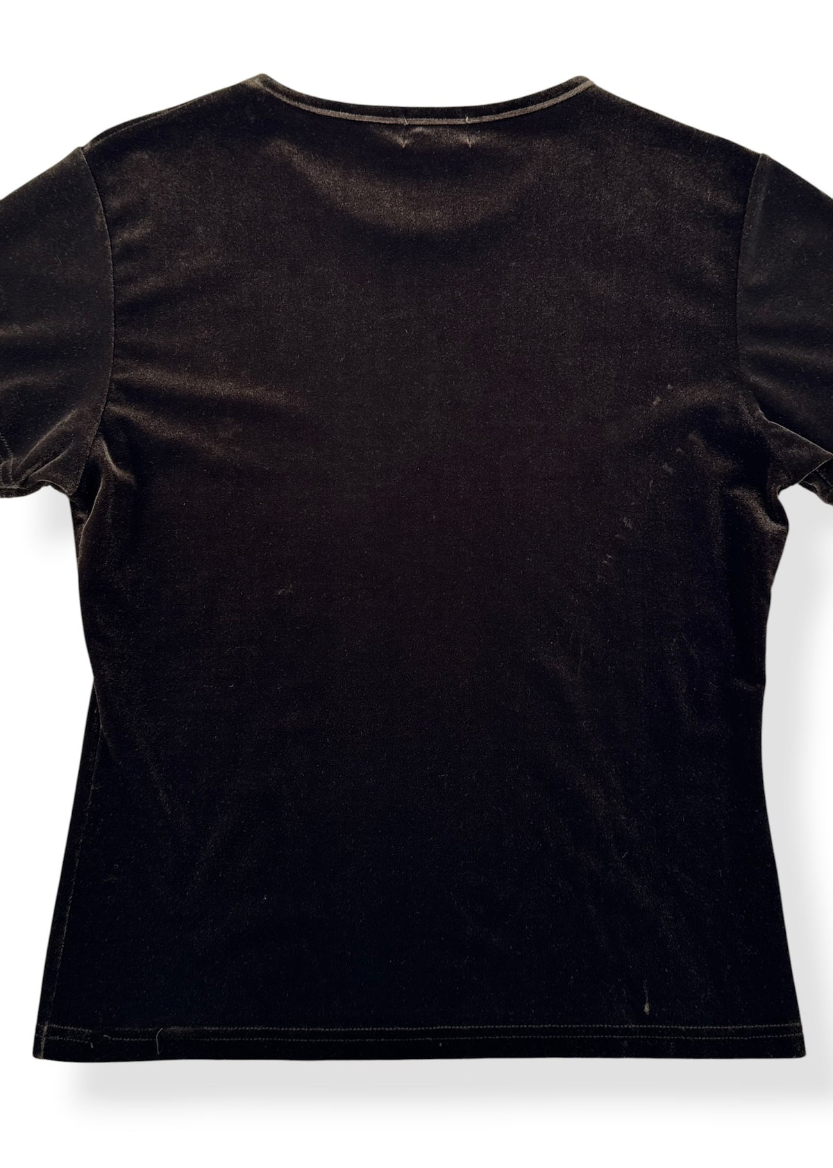 Close-up of back of Vintage 90s Brown Velvet Short Sleeve Shirt SZ M