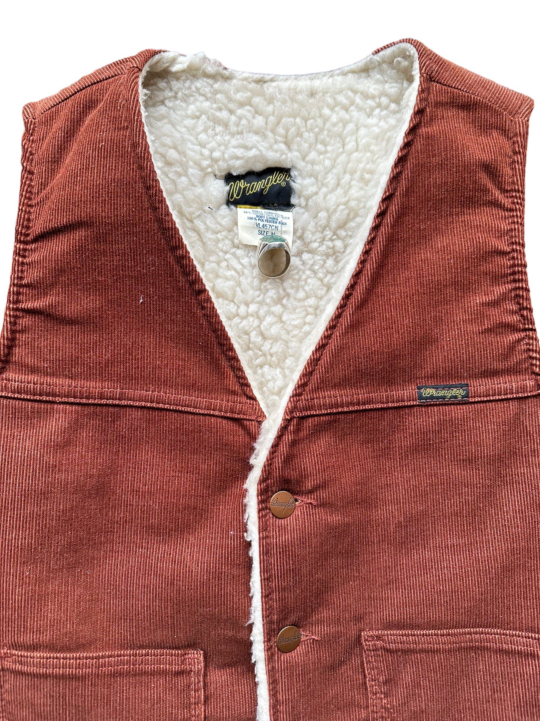 Upper Front View of Vintage Rust Colored Wrangler Shearling Vest SZ M | Vintage Sherpa Vest Seattle | Barn Owl Vintage Seattle