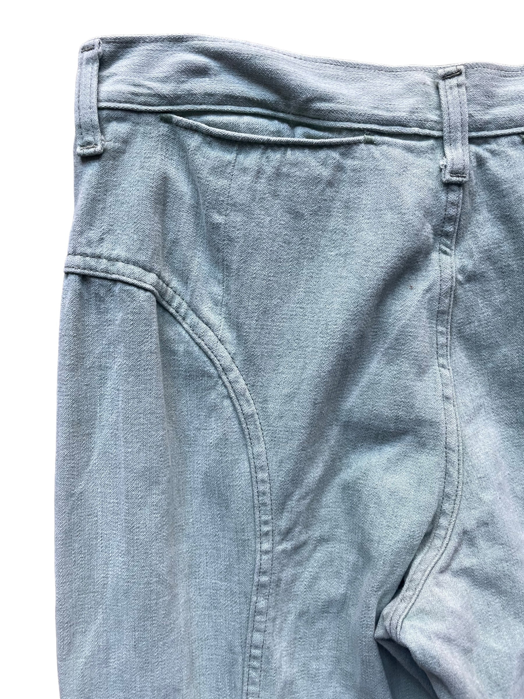 Back left pocket view of Vintage 1970s Lee Mint Green Moleskin Pants W33 | Barn Owl Vintage Seattle | Vintage Denim