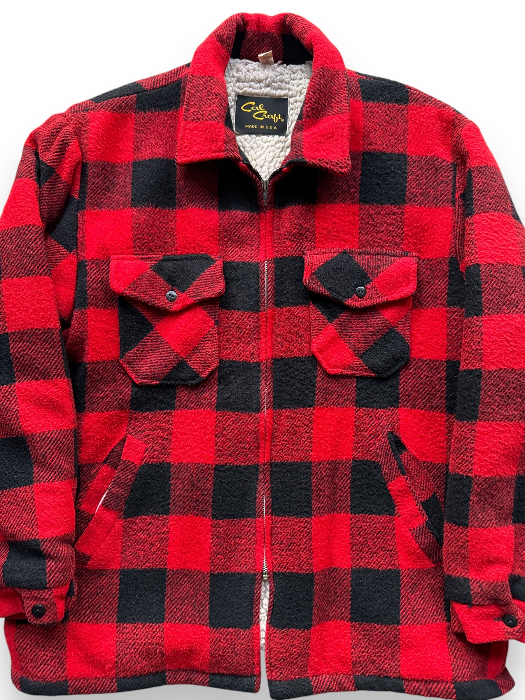 front close up of Vintage Cal Craft Fleece Lined Buffalo Plaid Jacket SZ XL