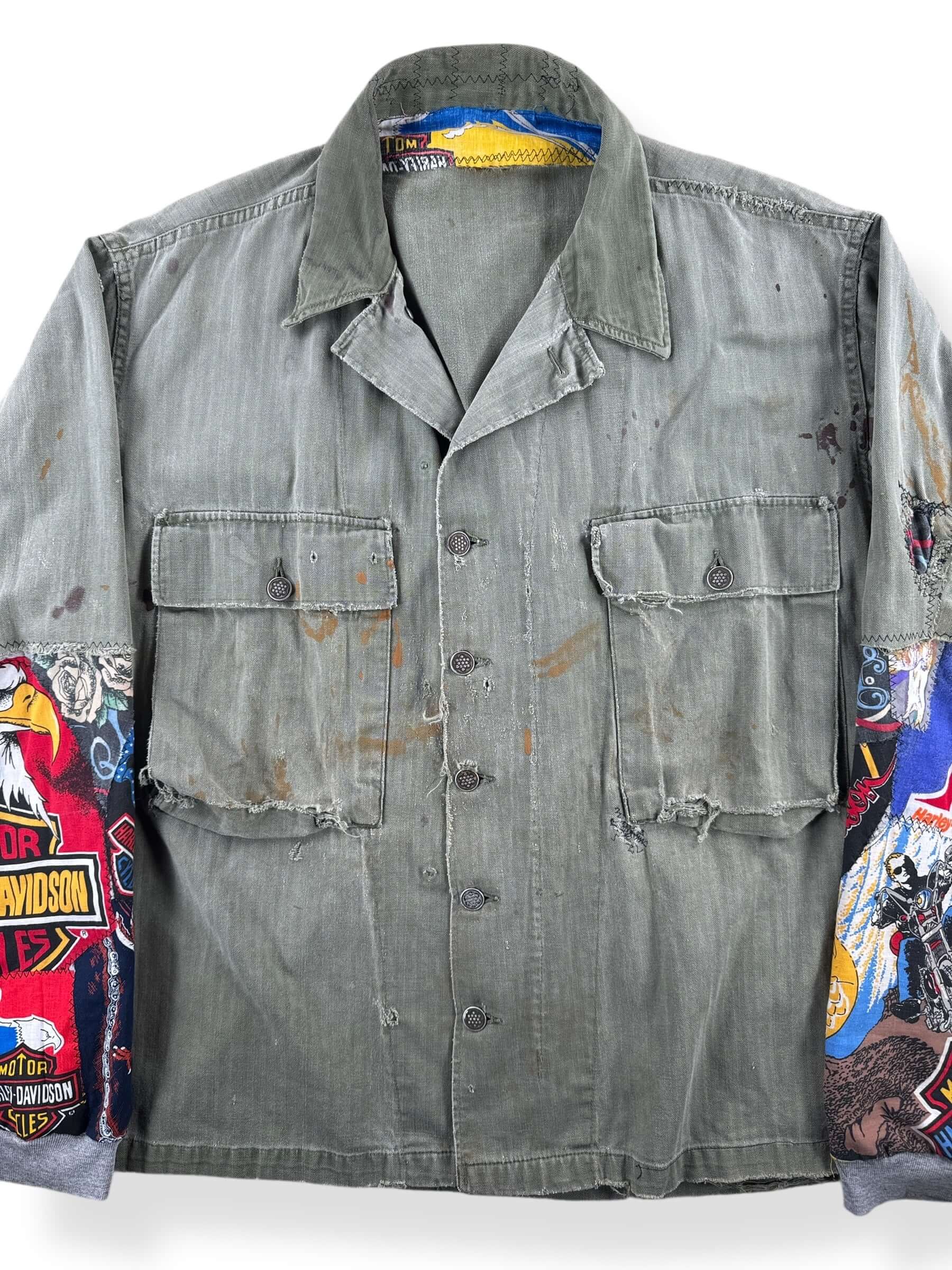 Front Close Up of Vintage Custom Harley Bandana HBT Military Top SZ XL