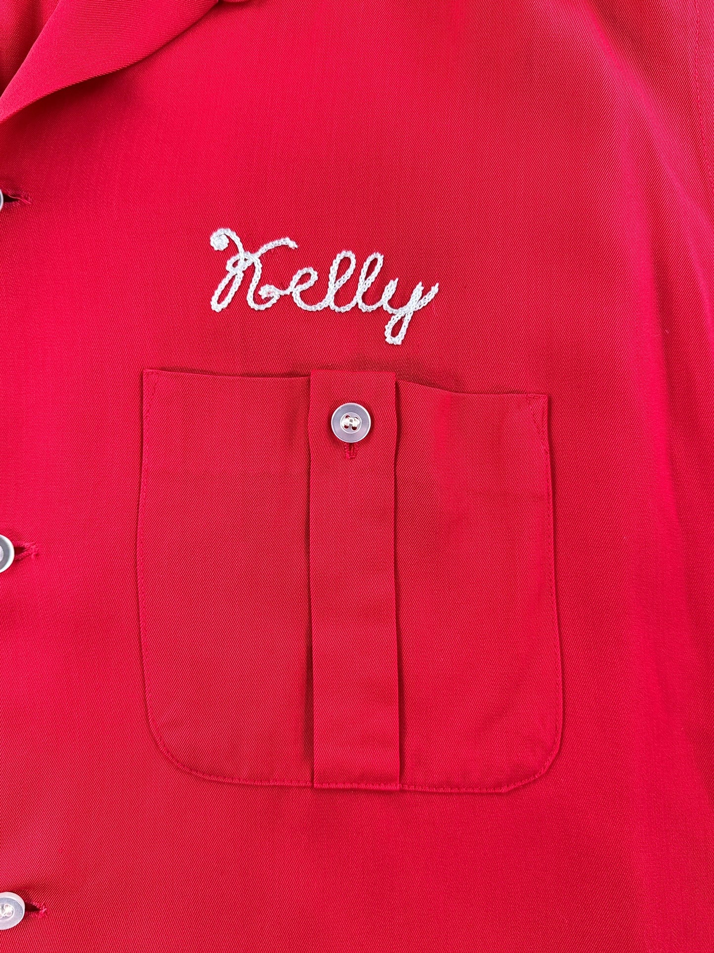 Chainstitched name on Vintage 1960s KFC Bowling Rayon Shirt SZ L