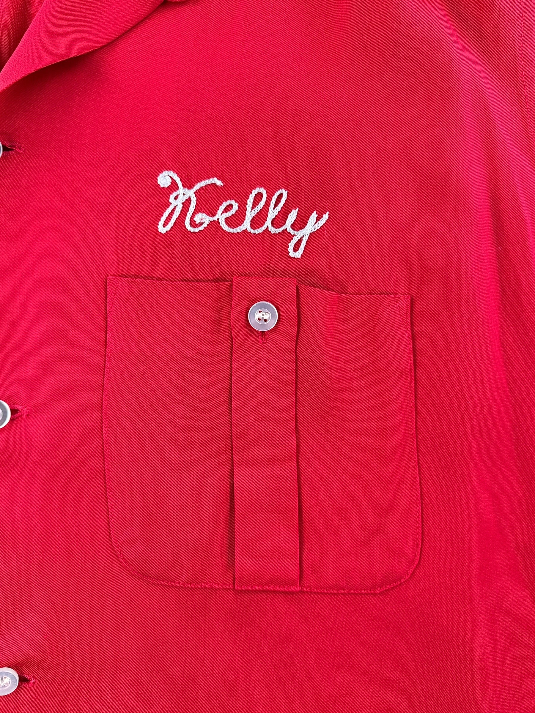 Chainstitched name on Vintage 1960s KFC Bowling Rayon Shirt SZ L