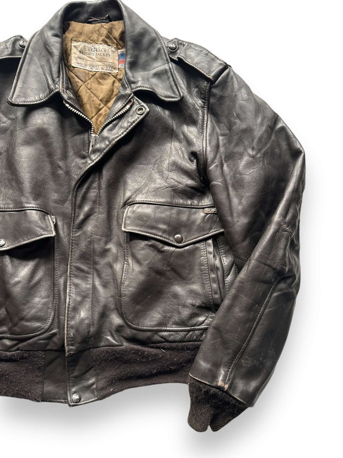 Front Left View of Vintage Schott IS 674 Leather Flight Jacket SZ 42