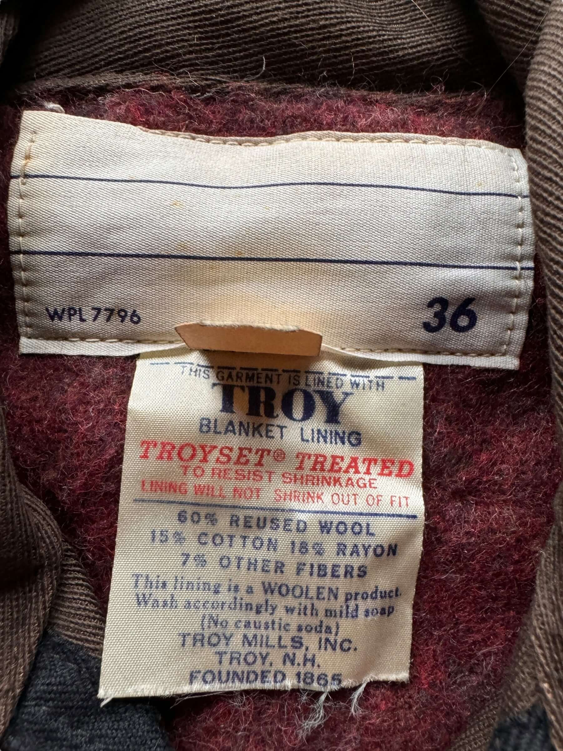 tag on Vintage Brown Troyset Blanket Lined Gas Station Jacket SZ 36