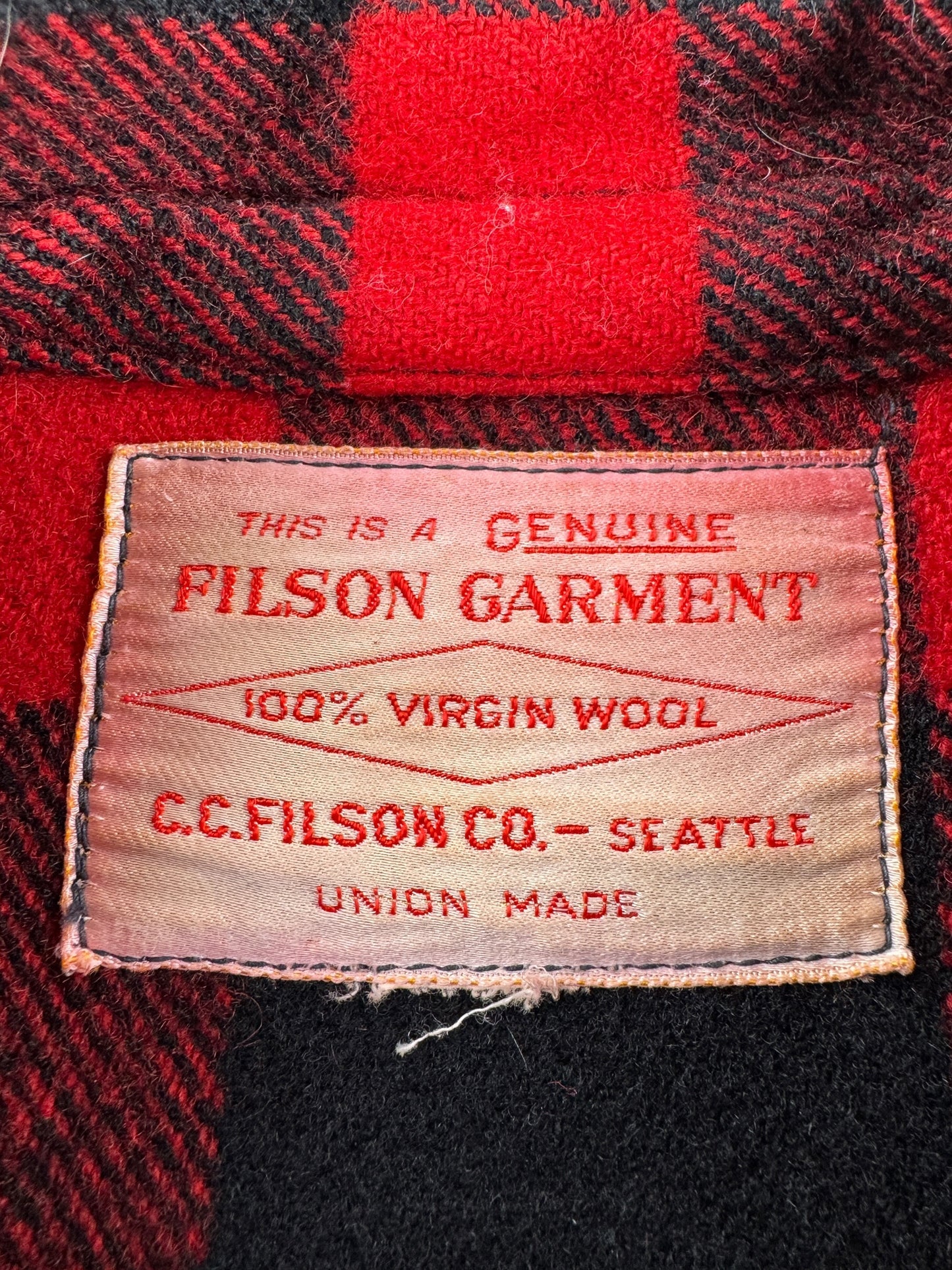 Label on Vintage 60s Era Filson Red And Black Mackinaw Cruiser Jacket SZ 38