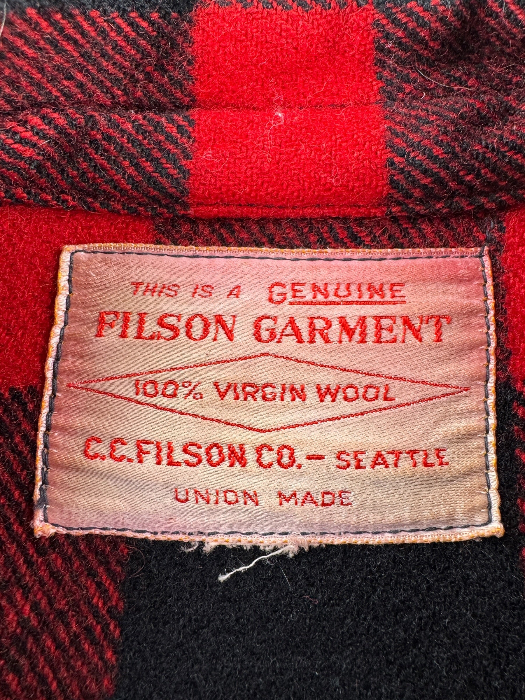 Label on Vintage 60s Era Filson Red And Black Mackinaw Cruiser Jacket SZ 38