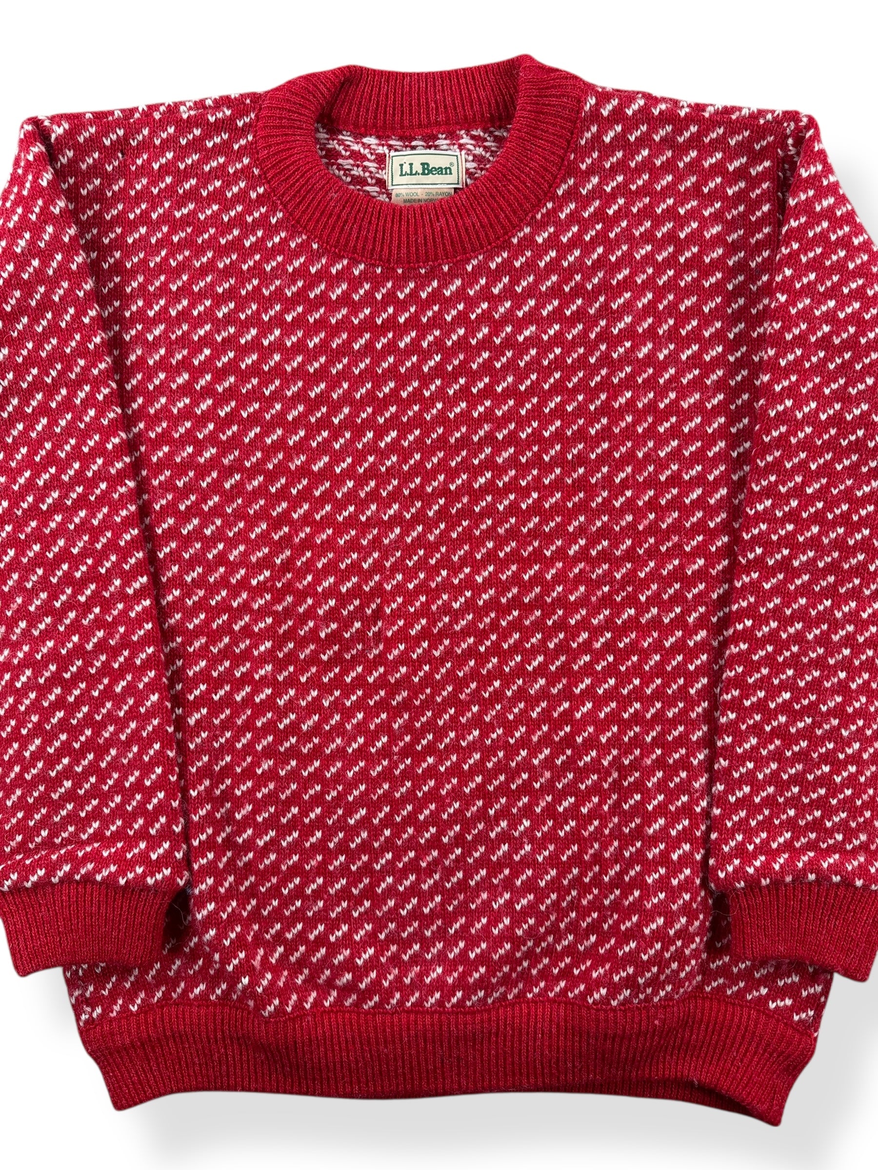 Front Close Up of Vintage Women's LL Bean Red Birdseye Wool/Rayon Sweater SZ L